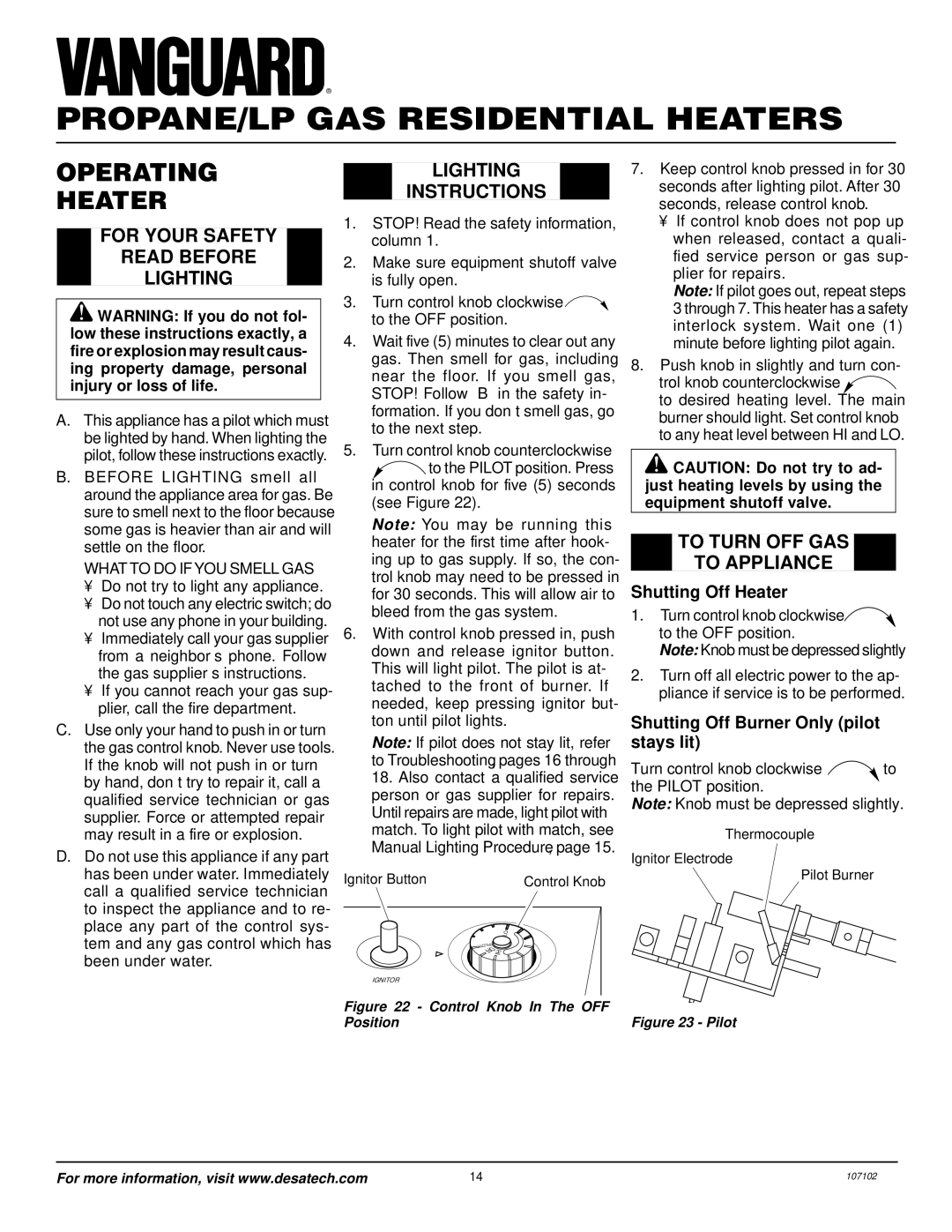 Vanguard Heating VMH3000TPSA Operating Heater, For Your Safety Read Before Lighting, Lighting Instructions 