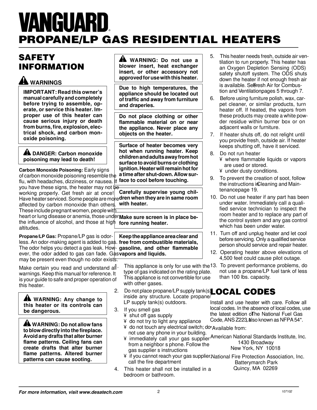 Vanguard Heating VMH3000TPSA installation manual Safety Information, Local Codes 