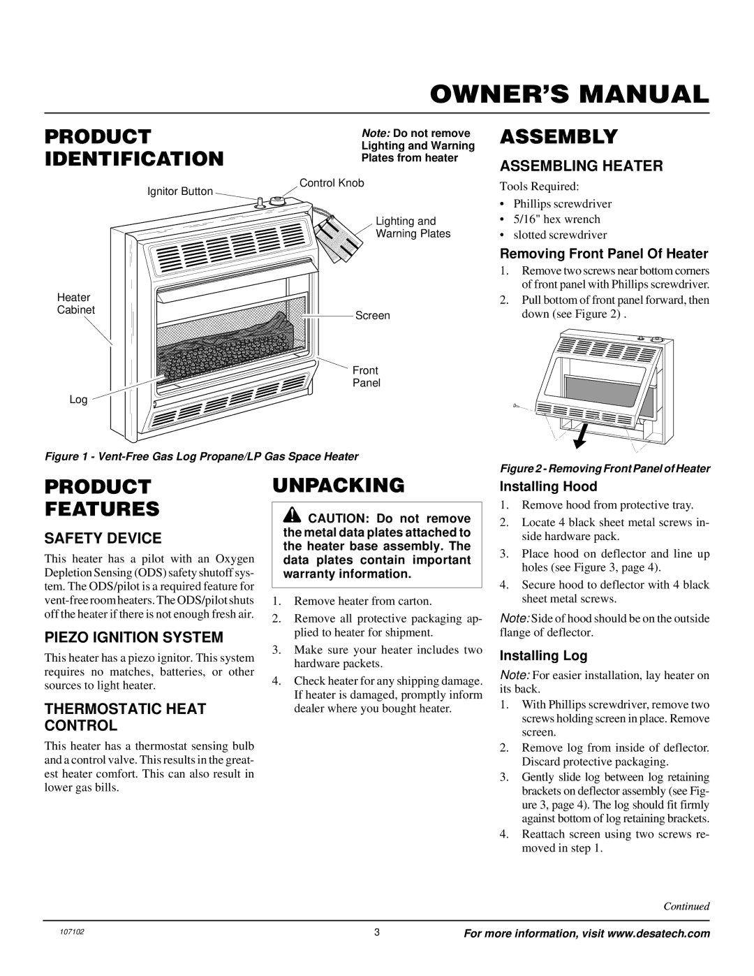 Vanguard Heating VMH3000TPSA installation manual Product Identification, Assembly, Product Features, Unpacking 