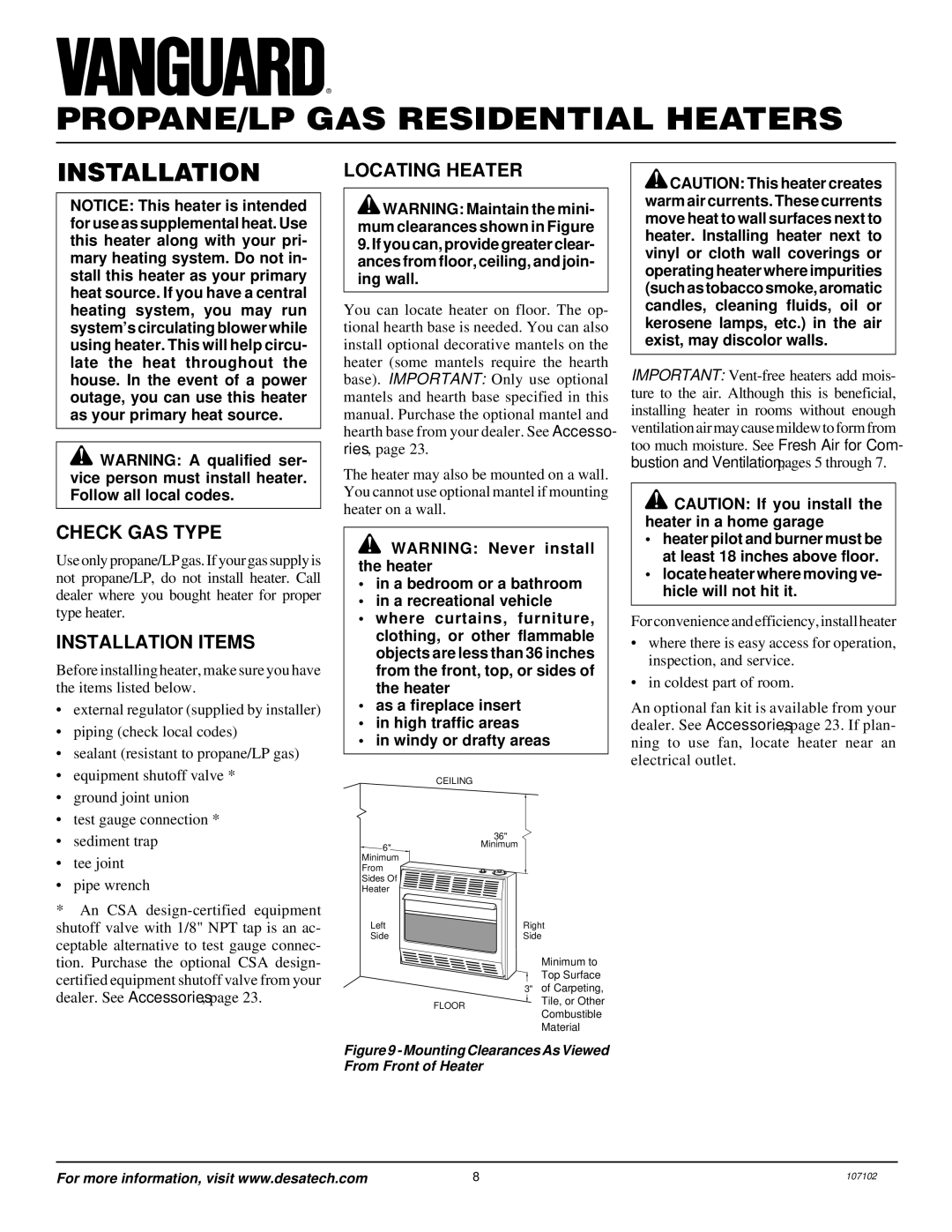 Vanguard Heating VMH3000TPSA installation manual Check GAS Type, Installation Items, Locating Heater 