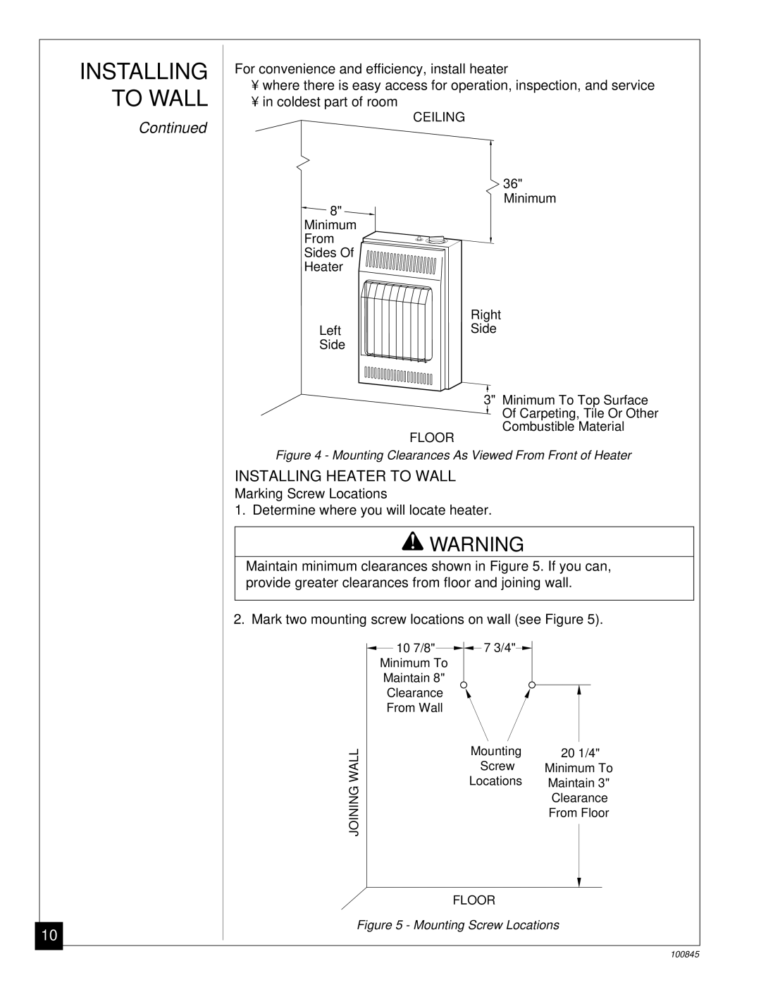 Vanguard Heating VN12A, VN6B installation manual Installing Heater to Wall, Marking Screw Locations 