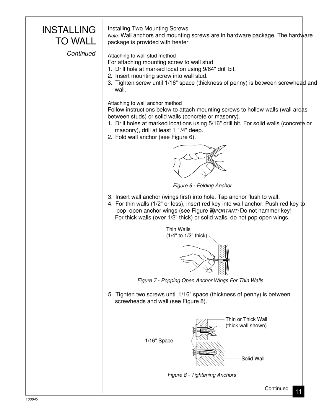 Vanguard Heating VN6B, VN12A installation manual Installing Two Mounting Screws, Folding Anchor 