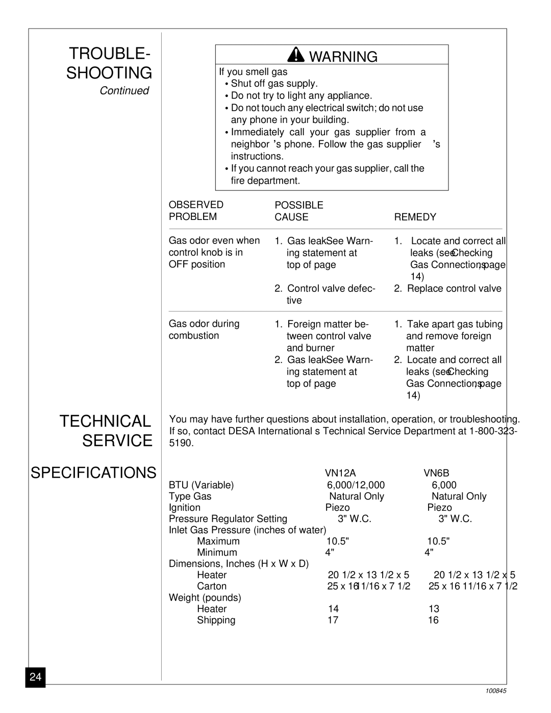 Vanguard Heating VN12A, VN6B installation manual Technical Service, Ing statement at, Top 