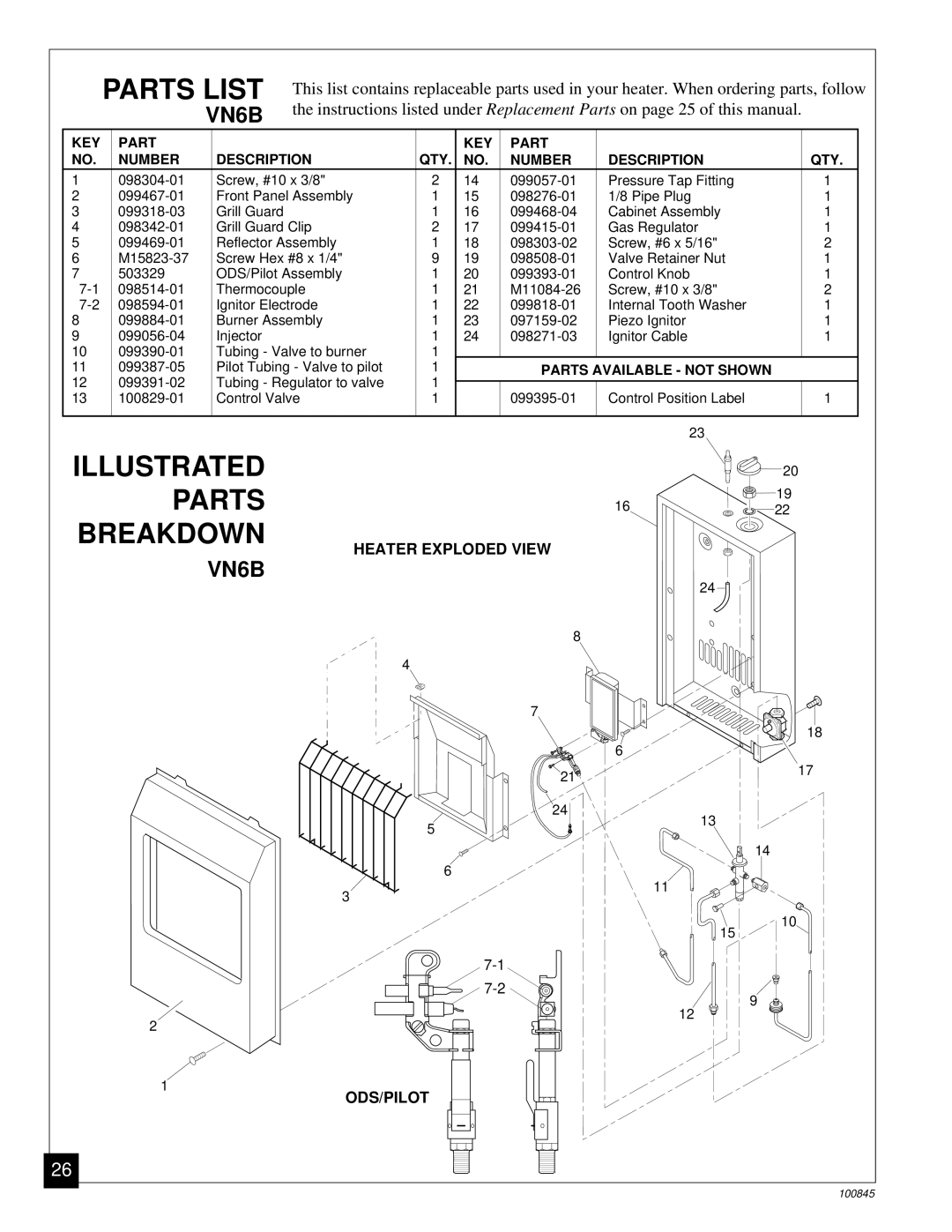 Vanguard Heating VN12A installation manual Parts List, Illustrated Parts Breakdown, VN6B 