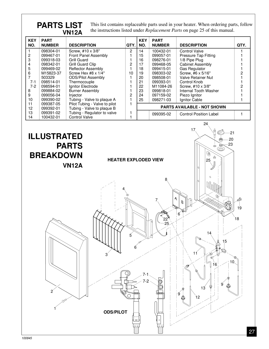 Vanguard Heating VN6B installation manual VN12A, KEY Part Number Description QTY. no 