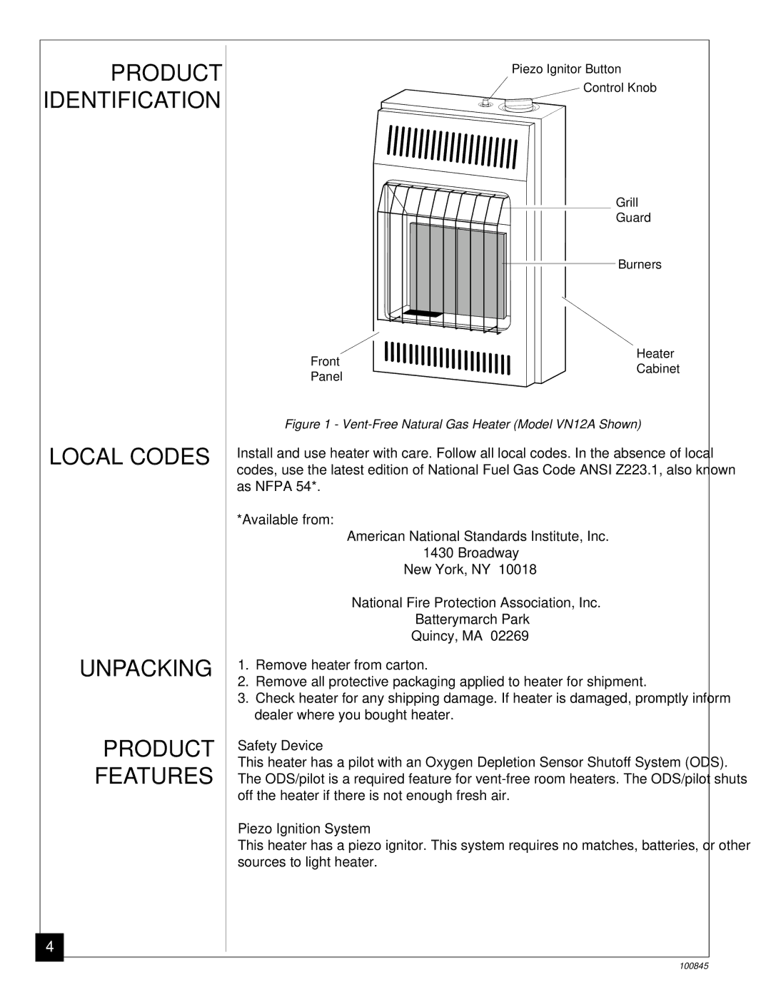 Vanguard Heating VN12A, VN6B Product Identification, Local Codes Unpacking Product Features, Safety Device 