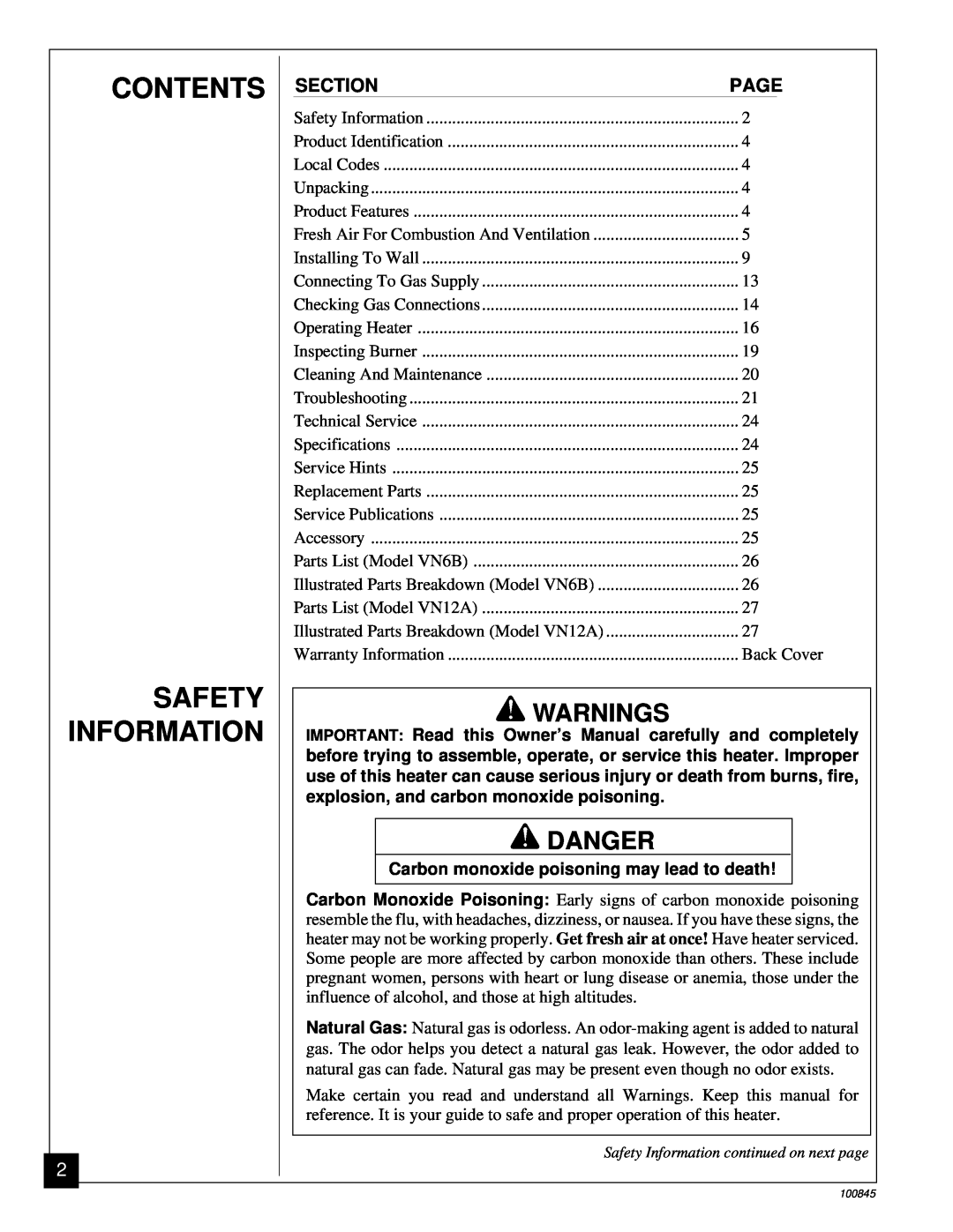 Vanguard Heating VN12A, VN6B installation manual Contents Safety Information, Warnings, Danger 