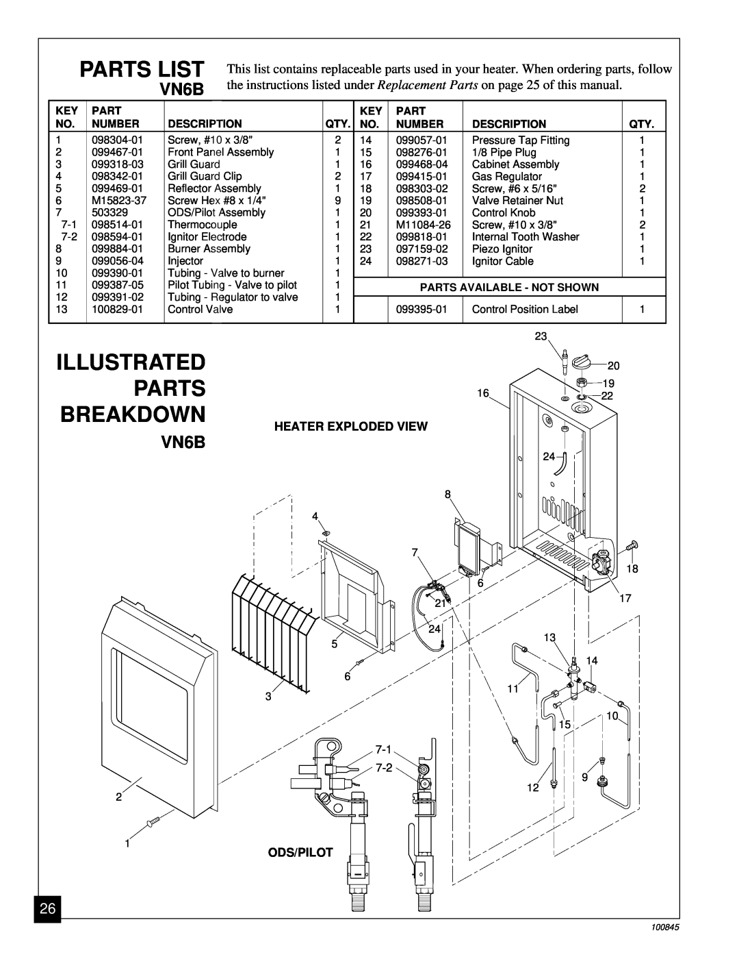 Vanguard Heating VN12A Parts List, Illustrated Parts Breakdown, VN6B, Number, Description, Parts Available - Not Shown 