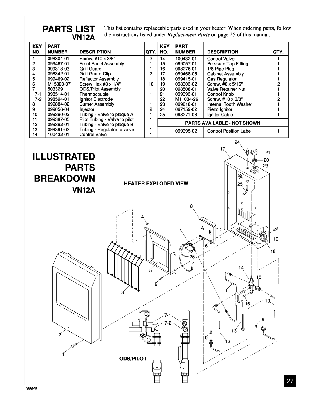 Vanguard Heating VN6B installation manual VN12A, Parts List, Illustrated Parts Breakdown, Number, Description, Qty. No 