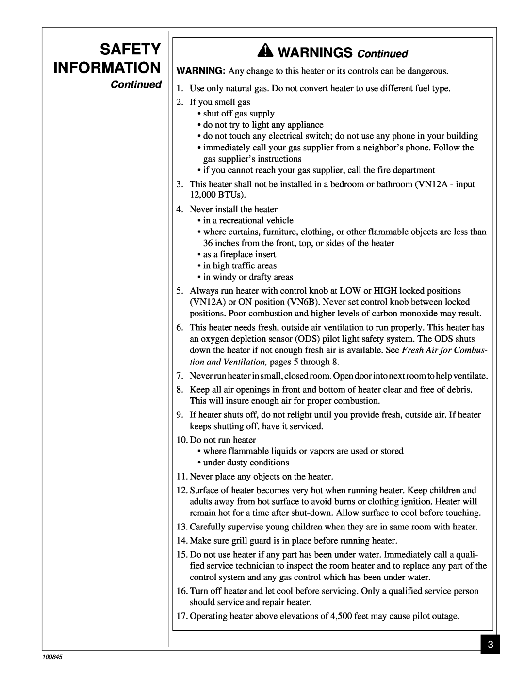 Vanguard Heating VN6B, VN12A installation manual Safety Information, WARNINGS Continued 