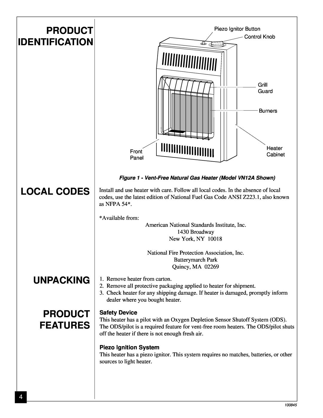Vanguard Heating VN12A, VN6B Product Identification, Local Codes Unpacking Product Features, Safety Device 