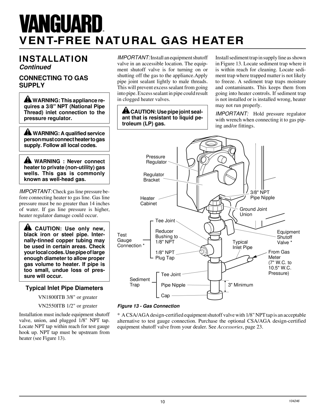 Vanguard Heating VN2550ITB, VN1800ITB installation manual Connecting to GAS Supply, Typical Inlet Pipe Diameters 