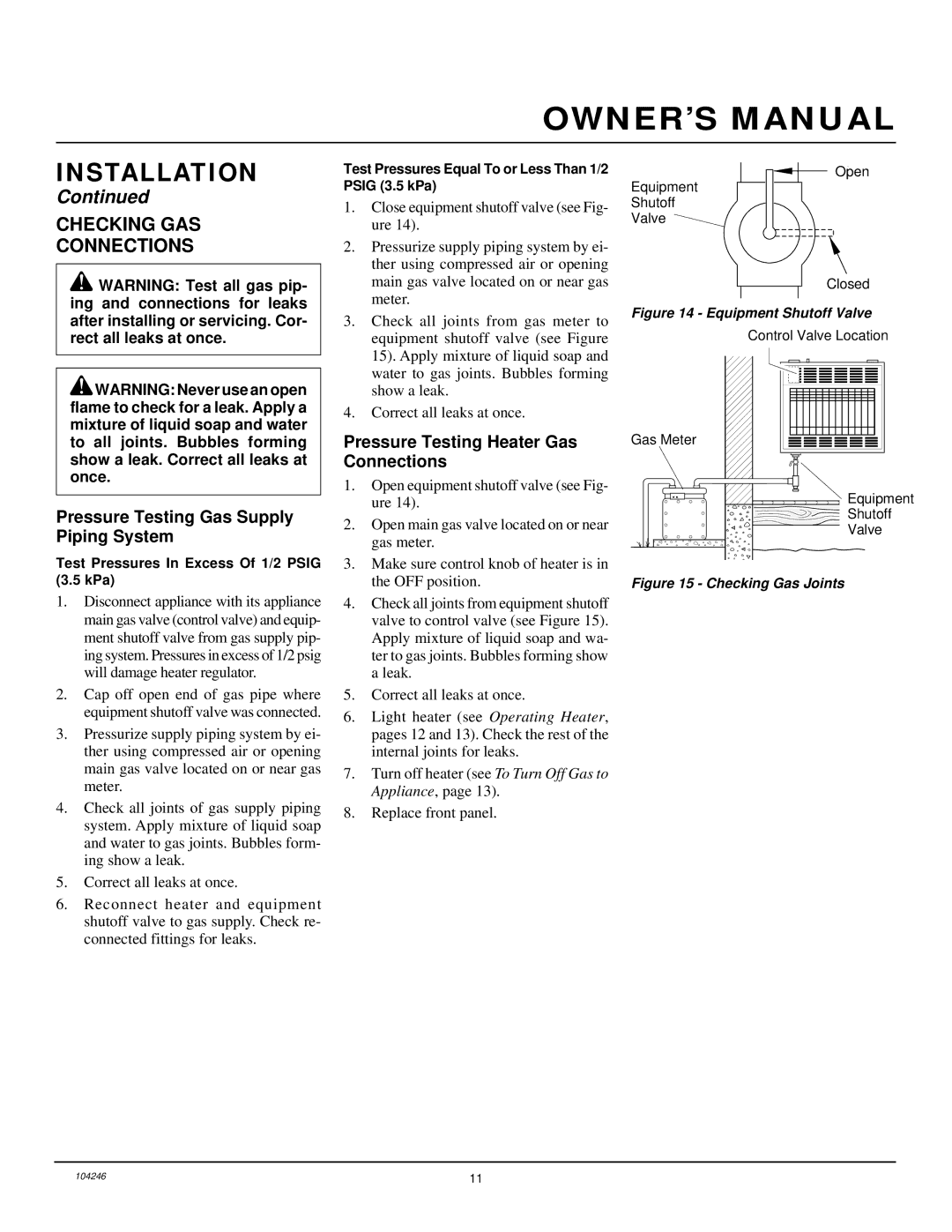 Vanguard Heating VN1800ITB, VN2550ITB Checking GAS Connections, Pressure Testing Gas Supply Piping System 