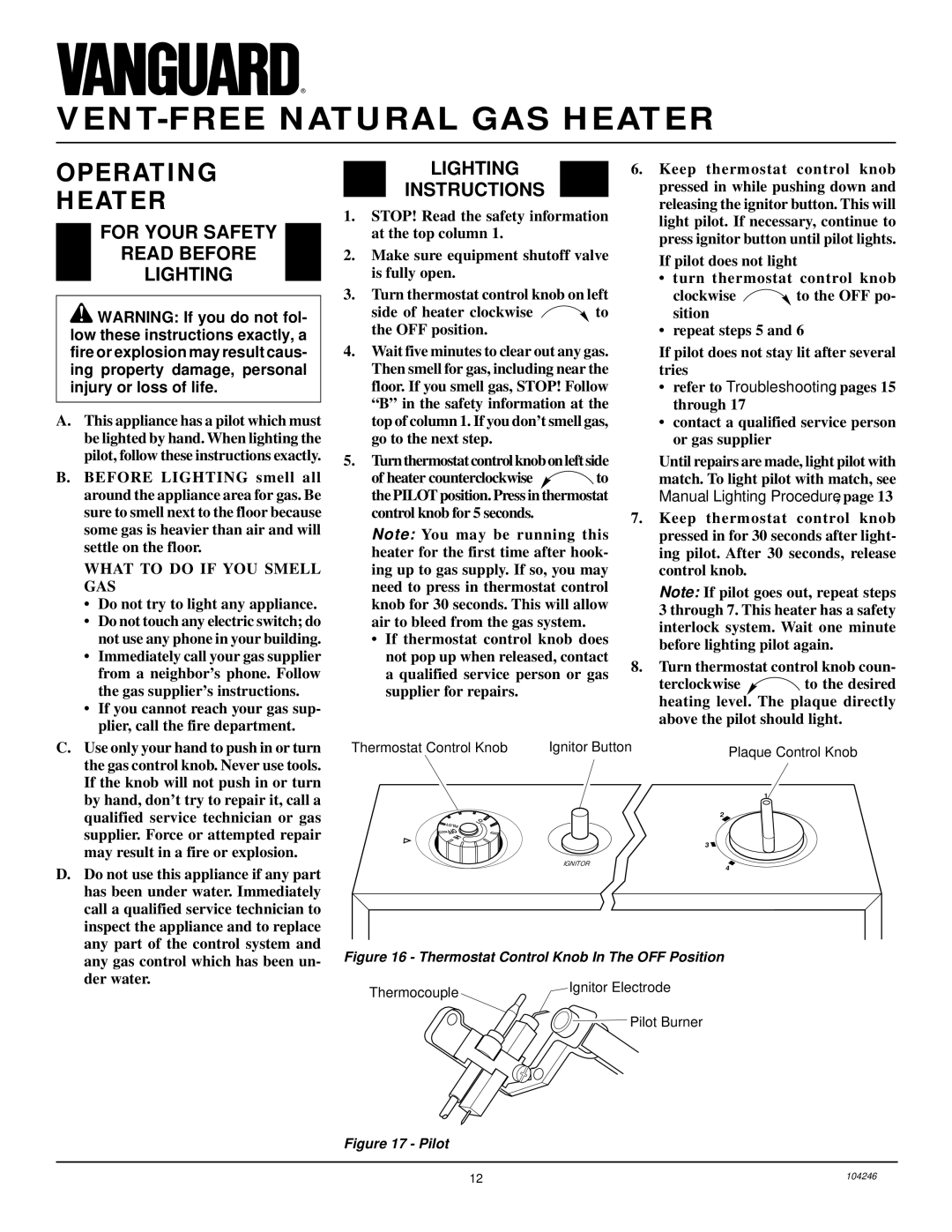 Vanguard Heating VN2550ITB, VN1800ITB Operating Heater, For Your Safety Read Before Lighting, Lighting Instructions 