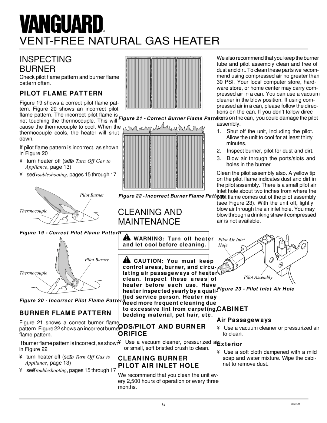 Vanguard Heating VN2550ITB, VN1800ITB installation manual Inspecting Burner, Cleaning and Maintenance 