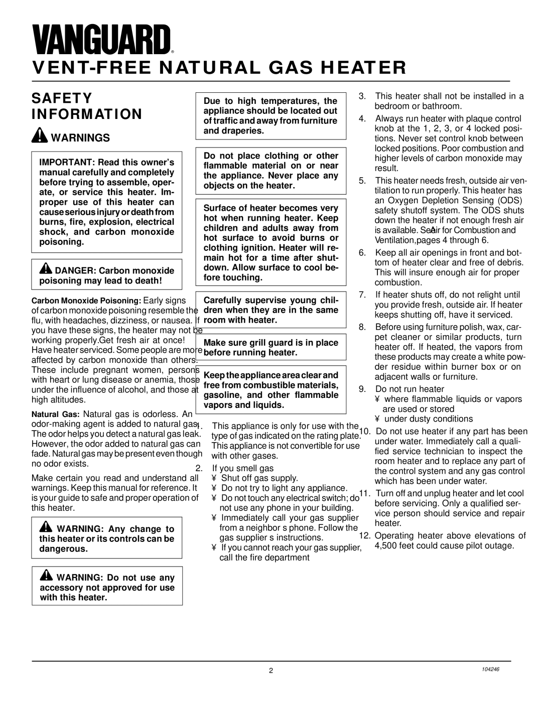 Vanguard Heating VN2550ITB, VN1800ITB installation manual VENT-FREE Natural GAS Heater, Safety Information 