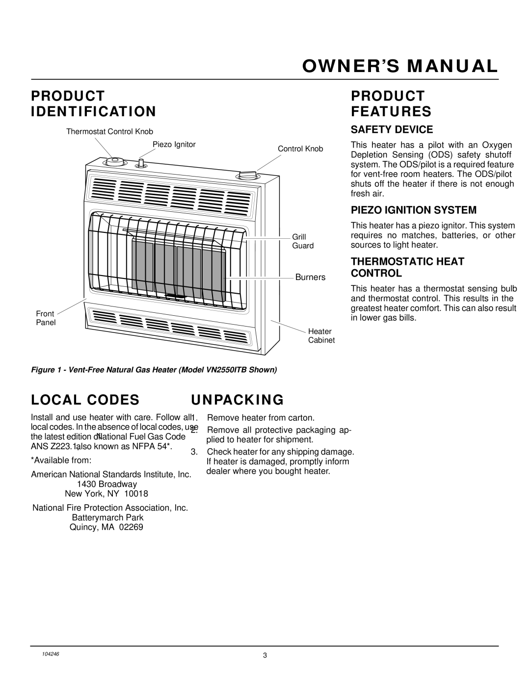 Vanguard Heating VN1800ITB, VN2550ITB installation manual Product Identification, Product Features, Local Codes, Unpacking 