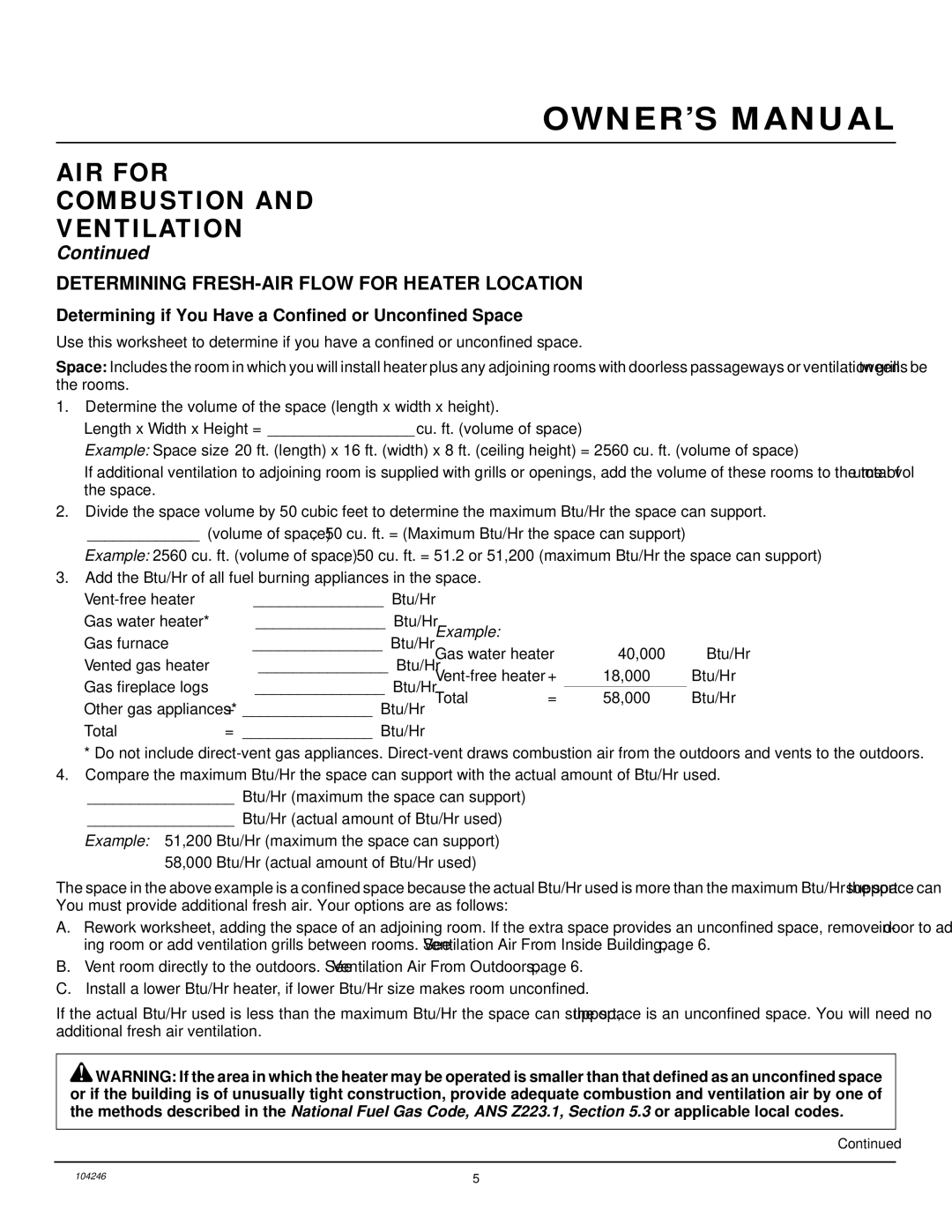 Vanguard Heating VN1800ITB, VN2550ITB AIR for Combustion Ventilation, Determining FRESH-AIR Flow for Heater Location 