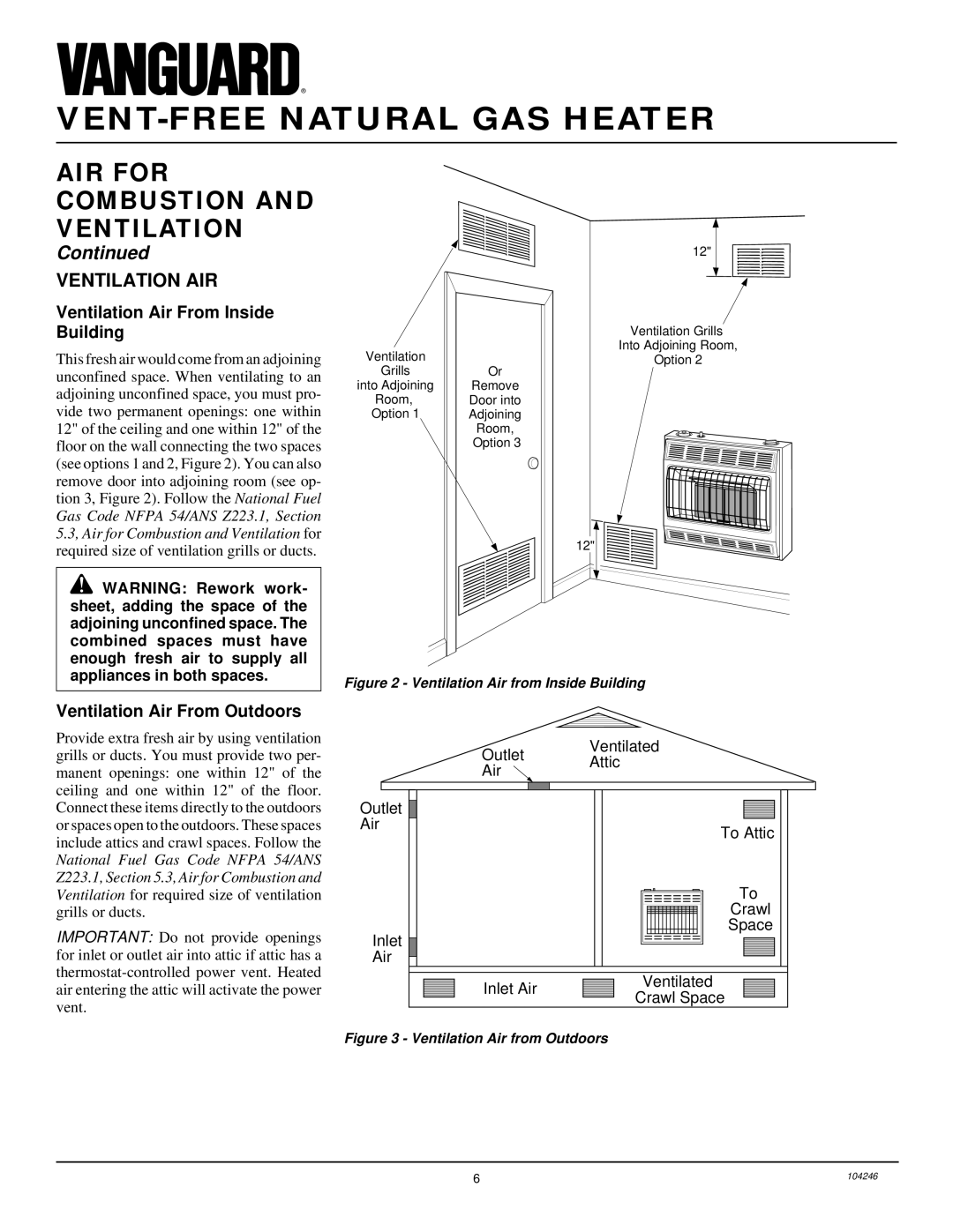 Vanguard Heating VN2550ITB, VN1800ITB Ventilation AIR, Ventilation Air From Inside Building, Ventilation Air From Outdoors 