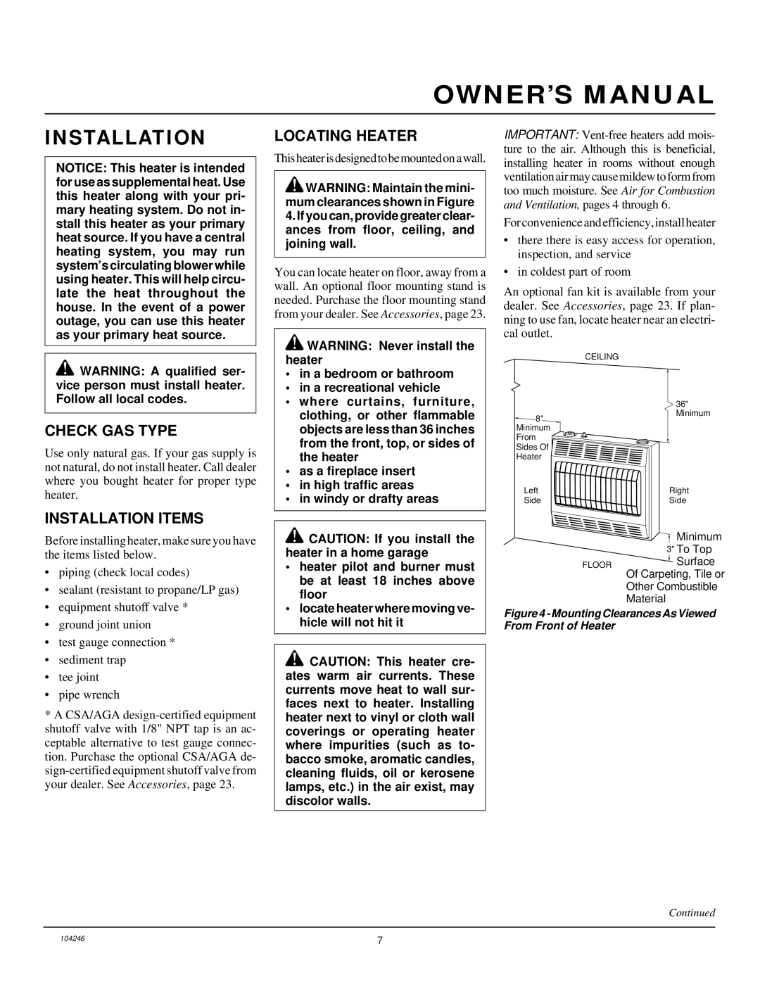 Vanguard Heating VN1800ITB, VN2550ITB installation manual Locating Heater, Check GAS Type, Installation Items 