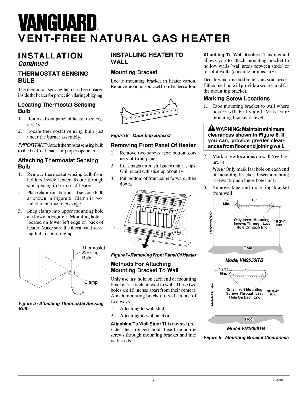 Vanguard Heating VN2550ITB, VN1800ITB installation manual Thermostat Sensing Bulb, Installing Heater to Wall 