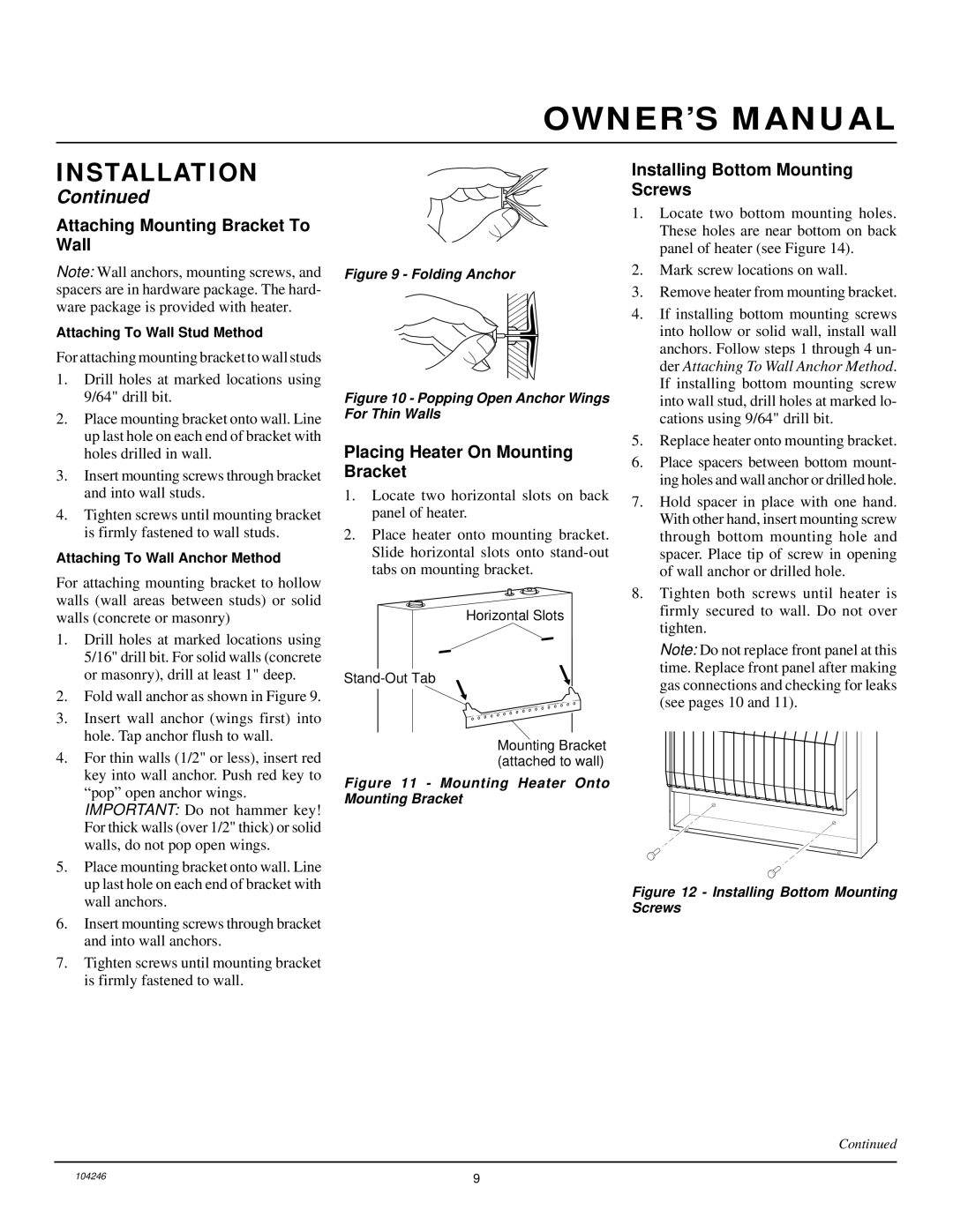 Vanguard Heating VN1800ITB, VN2550ITB Attaching Mounting Bracket To Wall, Placing Heater On Mounting Bracket 