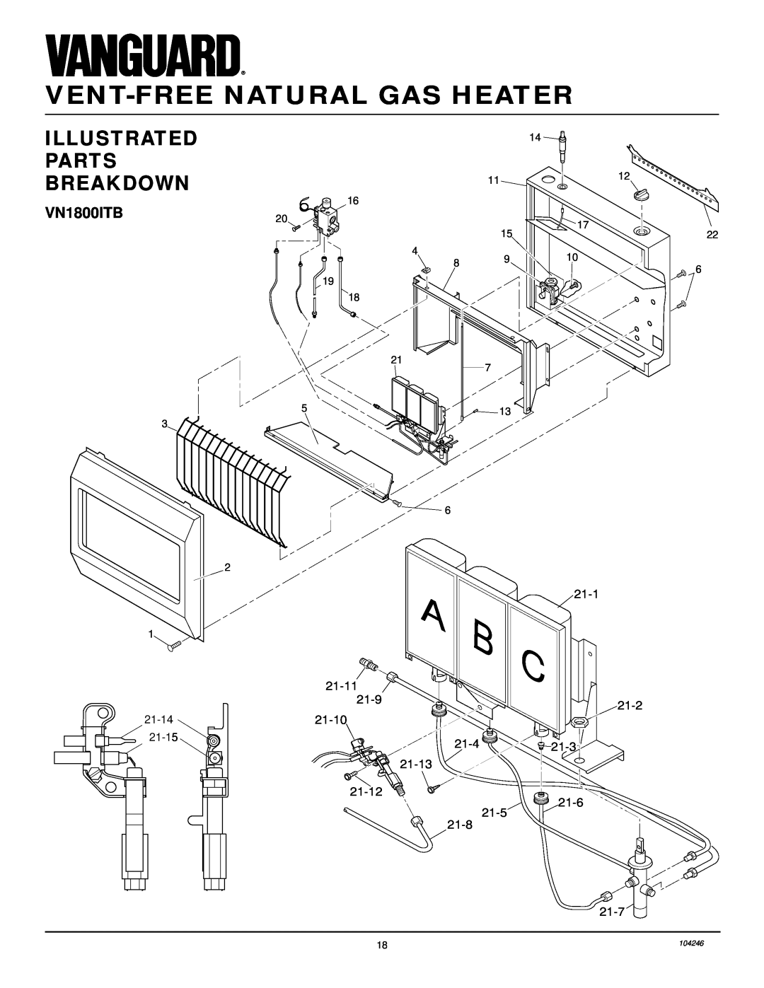 Vanguard Heating VN2550ITB Illustrated Parts Breakdown, Vent-Freenatural Gas Heater, 21-11, 21-10, 21-13, 21-4, 21-1 C 