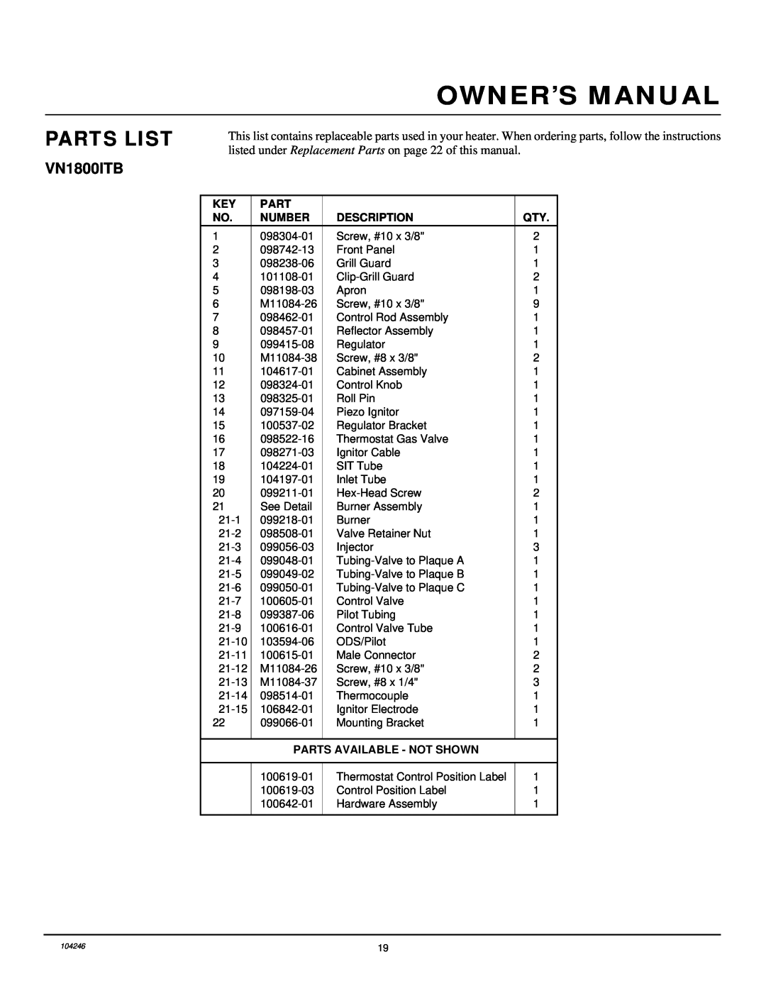 Vanguard Heating VN1800ITB, VN2550ITB installation manual Parts List, Number, Description, Parts Available - Not Shown 