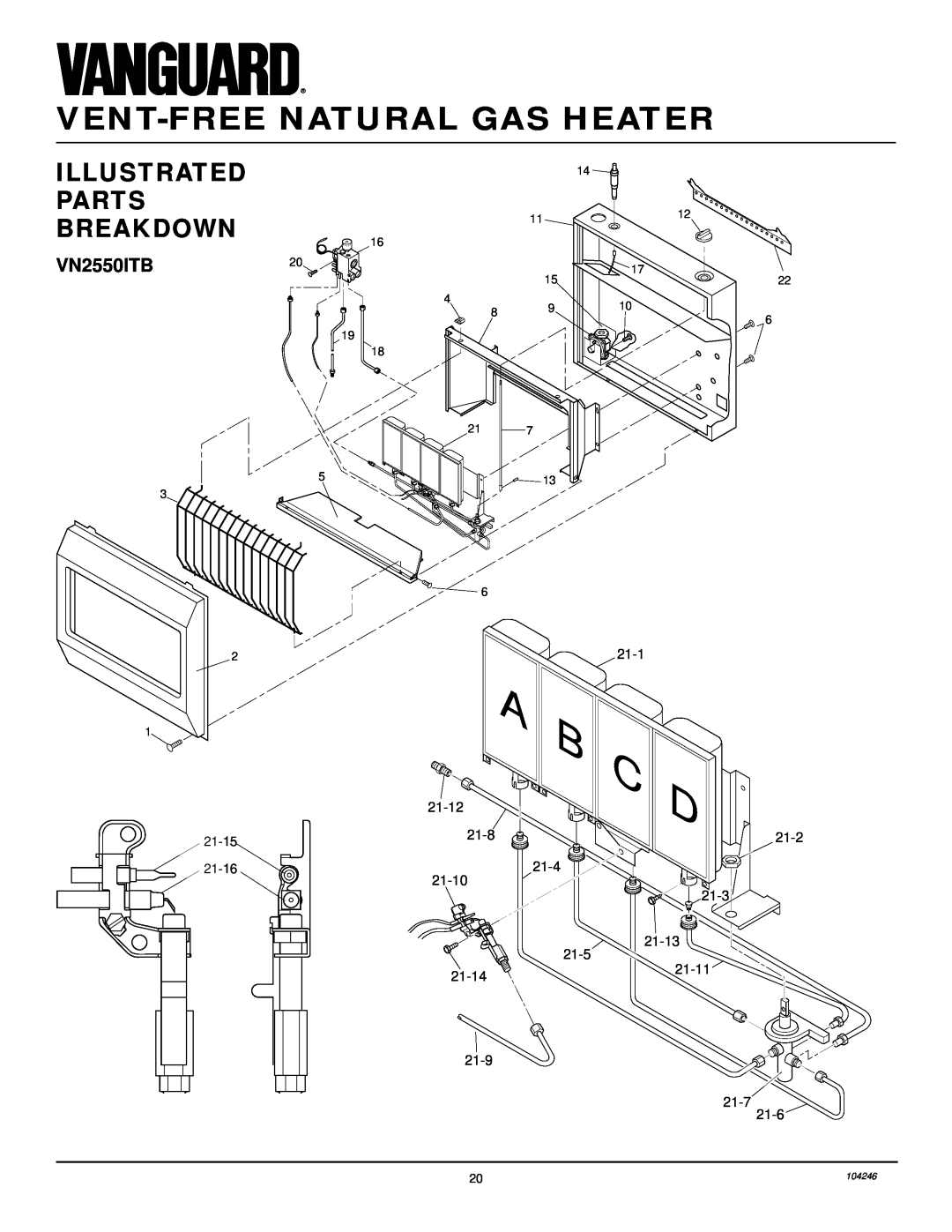 Vanguard Heating VN2550ITB, VN1800ITB Vent-Freenatural Gas Heater, Illustrated Parts Breakdown, 14 11 15 4, 104246 
