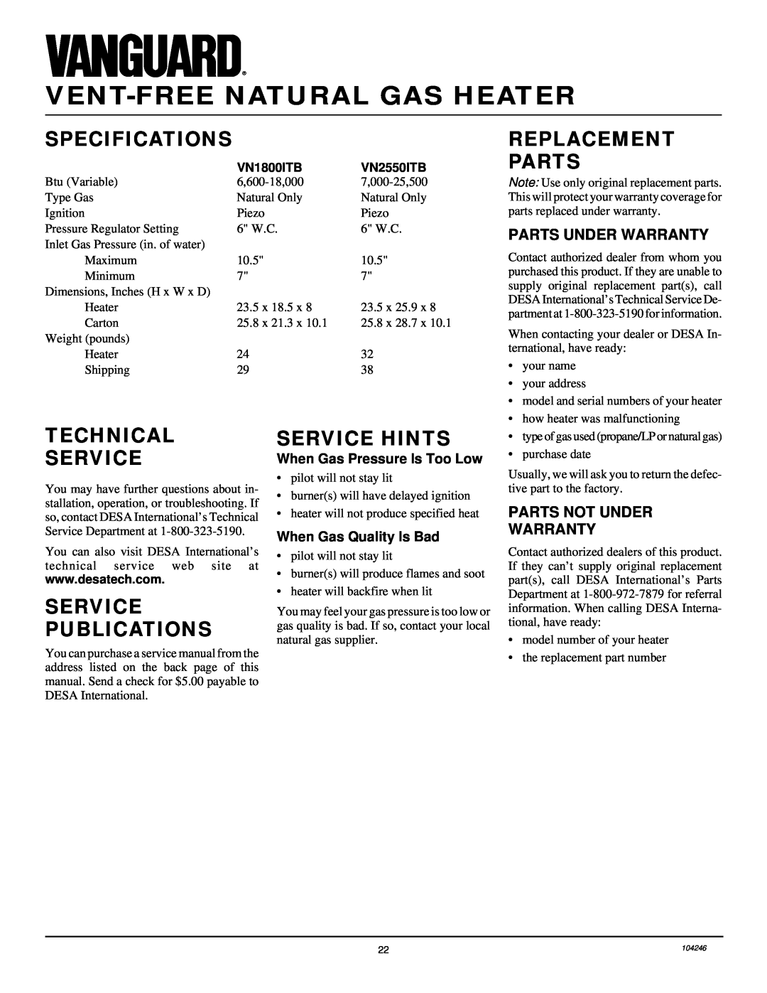 Vanguard Heating VN2550ITB Specifications, Replacement Parts, Technical Service, Service Hints, Service Publications 