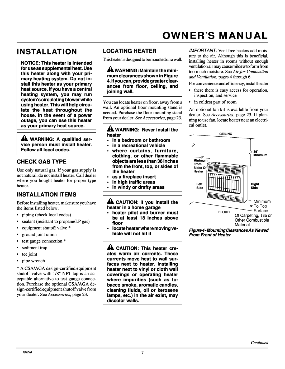 Vanguard Heating VN1800ITB, VN2550ITB installation manual Locating Heater, Check Gas Type, Installation Items 