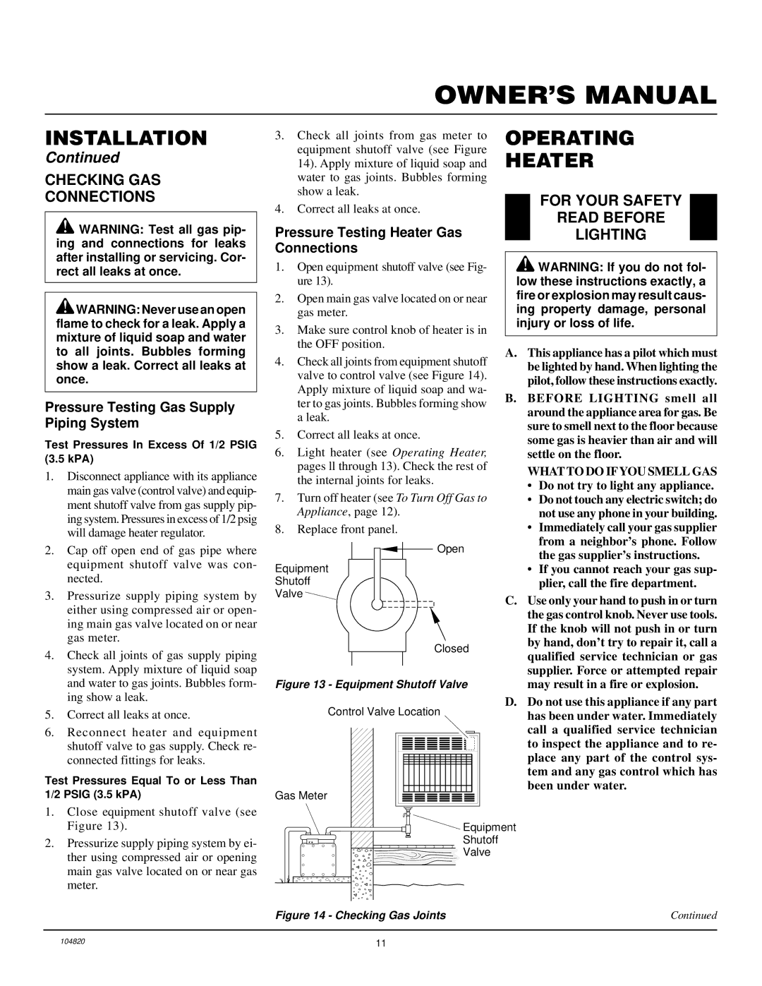 Vanguard Heating VN1800TB, VN3000TB Operating, Heater, Checking GAS Connections, For Your Safety, Lighting 