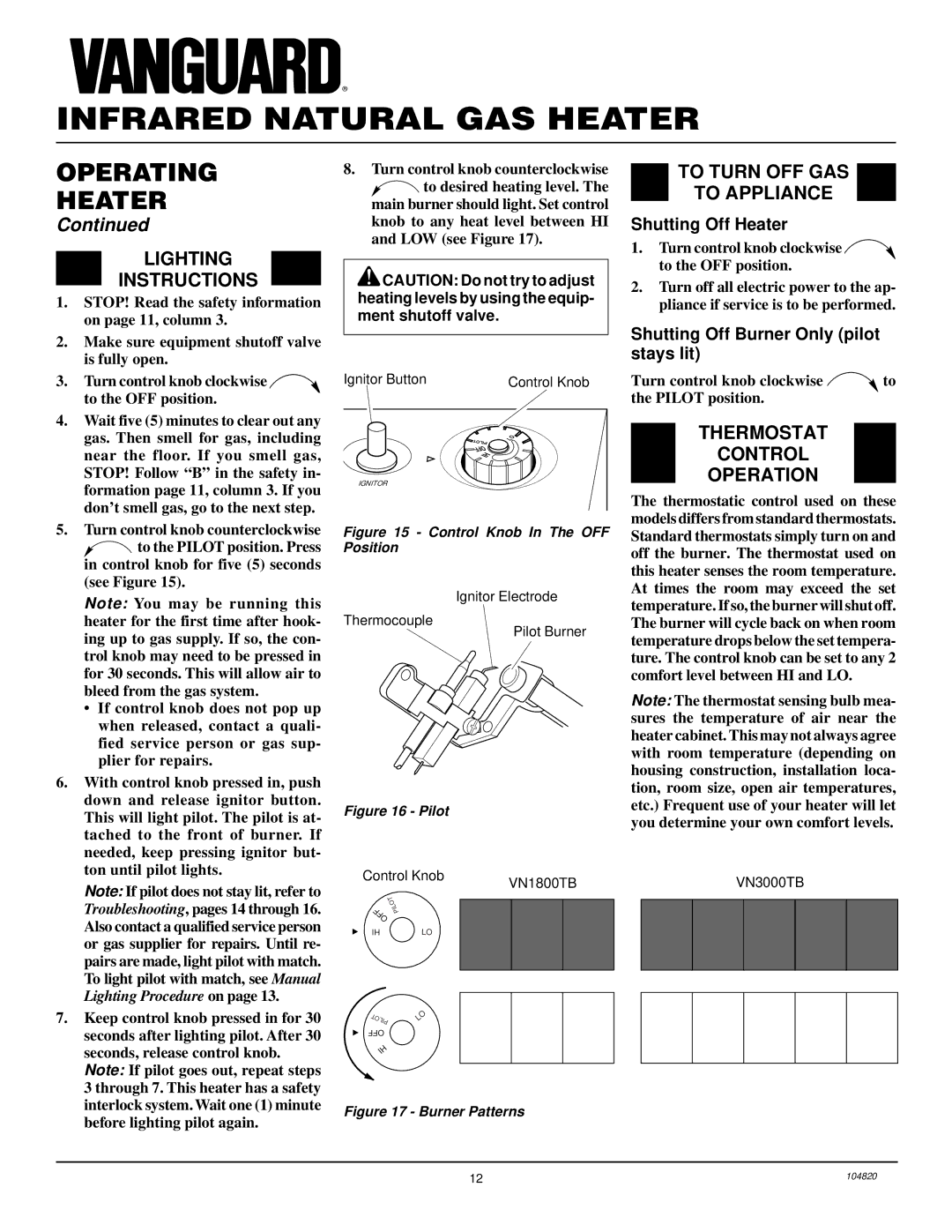 Vanguard Heating VN3000TB, VN1800TB Operating Heater, Lighting Instructions, To Turn OFF GAS To Appliance 