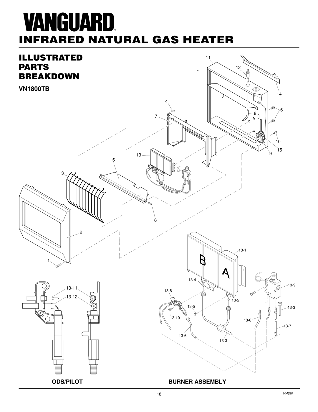 Vanguard Heating VN3000TB installation manual Illustrated Parts Breakdown, VN1800TB 