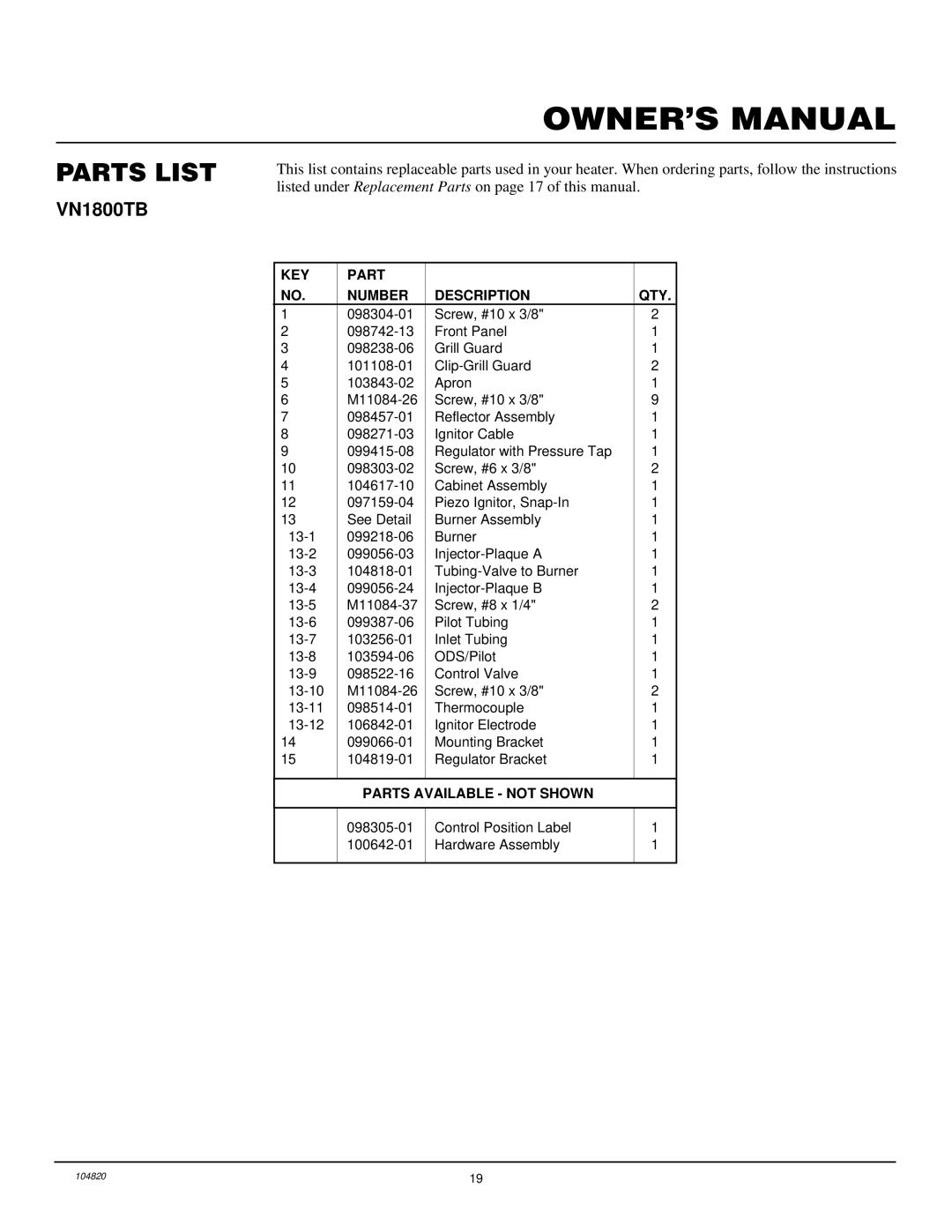 Vanguard Heating VN1800TB, VN3000TB installation manual Parts List, KEY Part Number Description QTY 