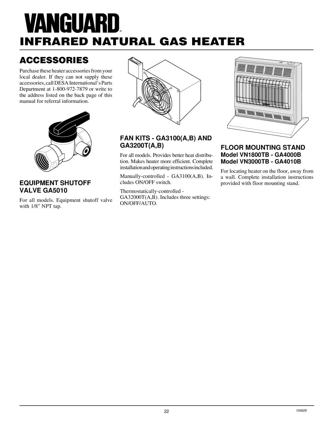 Vanguard Heating VN3000TB, VN1800TB installation manual Accessories, Equipment Shutoff Valve GA5010, Floor Mounting Stand 