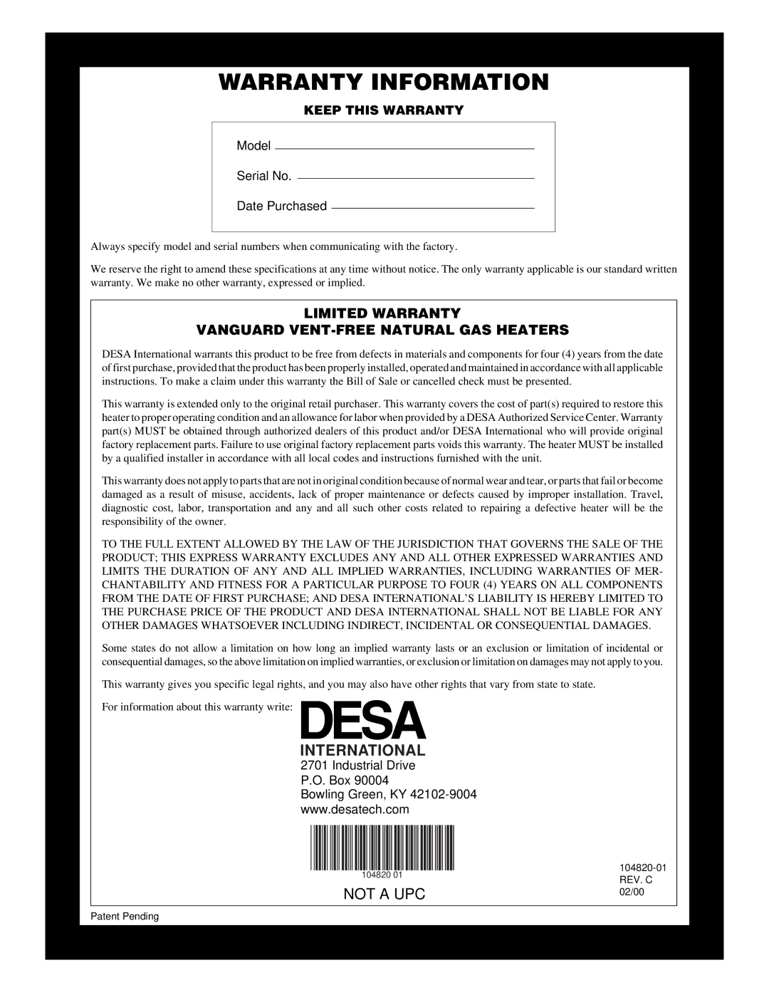 Vanguard Heating VN3000TB, VN1800TB installation manual Warranty Information, International 