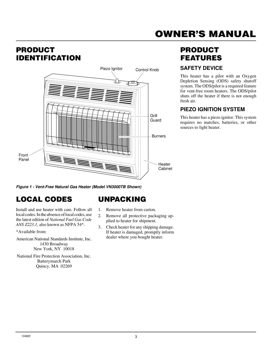 Vanguard Heating VN1800TB, VN3000TB installation manual Product Identification, Product Features, Local Codes, Unpacking 