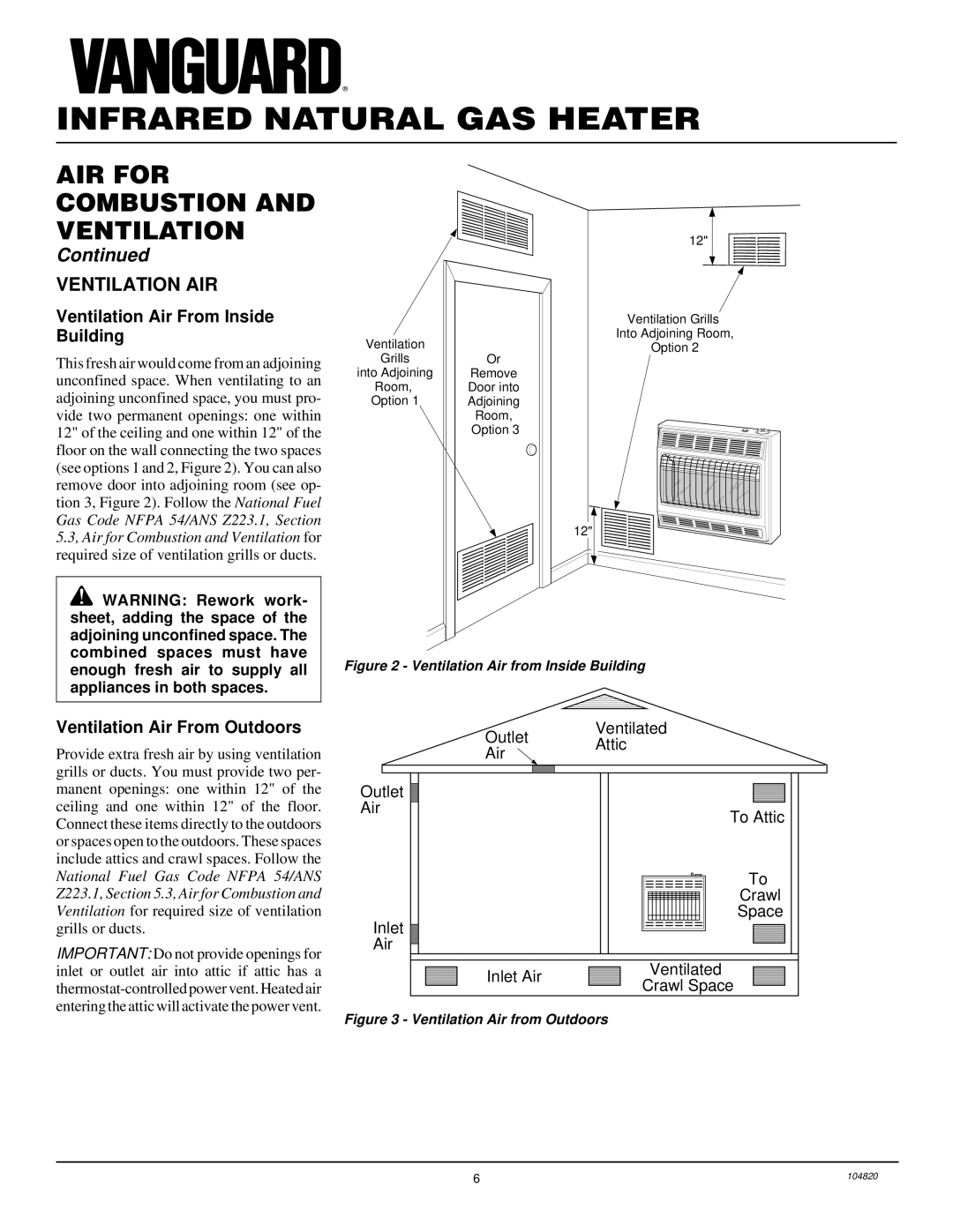 Vanguard Heating VN3000TB, VN1800TB Ventilation AIR, Ventilation Air From Inside Building, Ventilation Air From Outdoors 