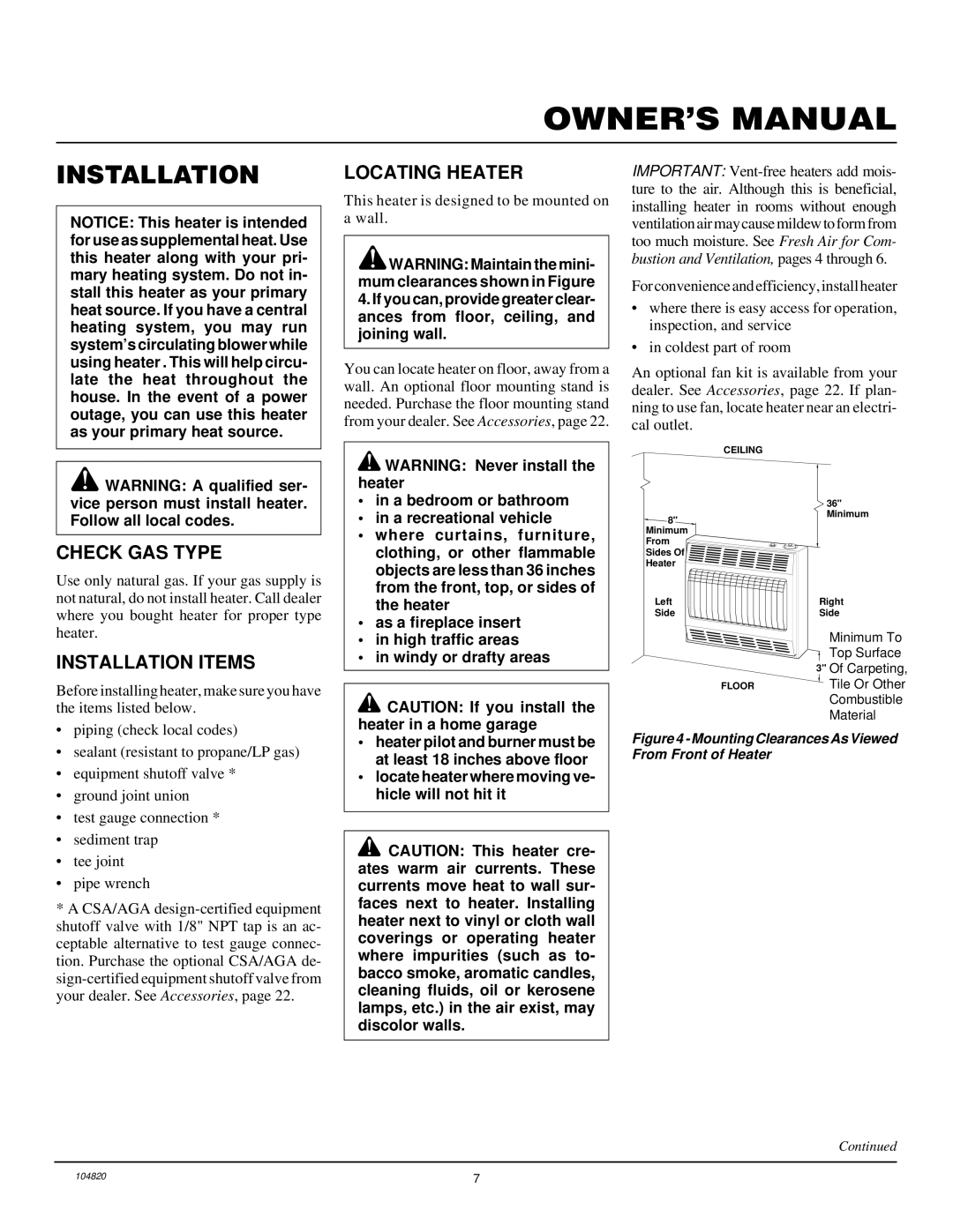 Vanguard Heating VN1800TB, VN3000TB installation manual Locating Heater, Check GAS Type, Installation Items 