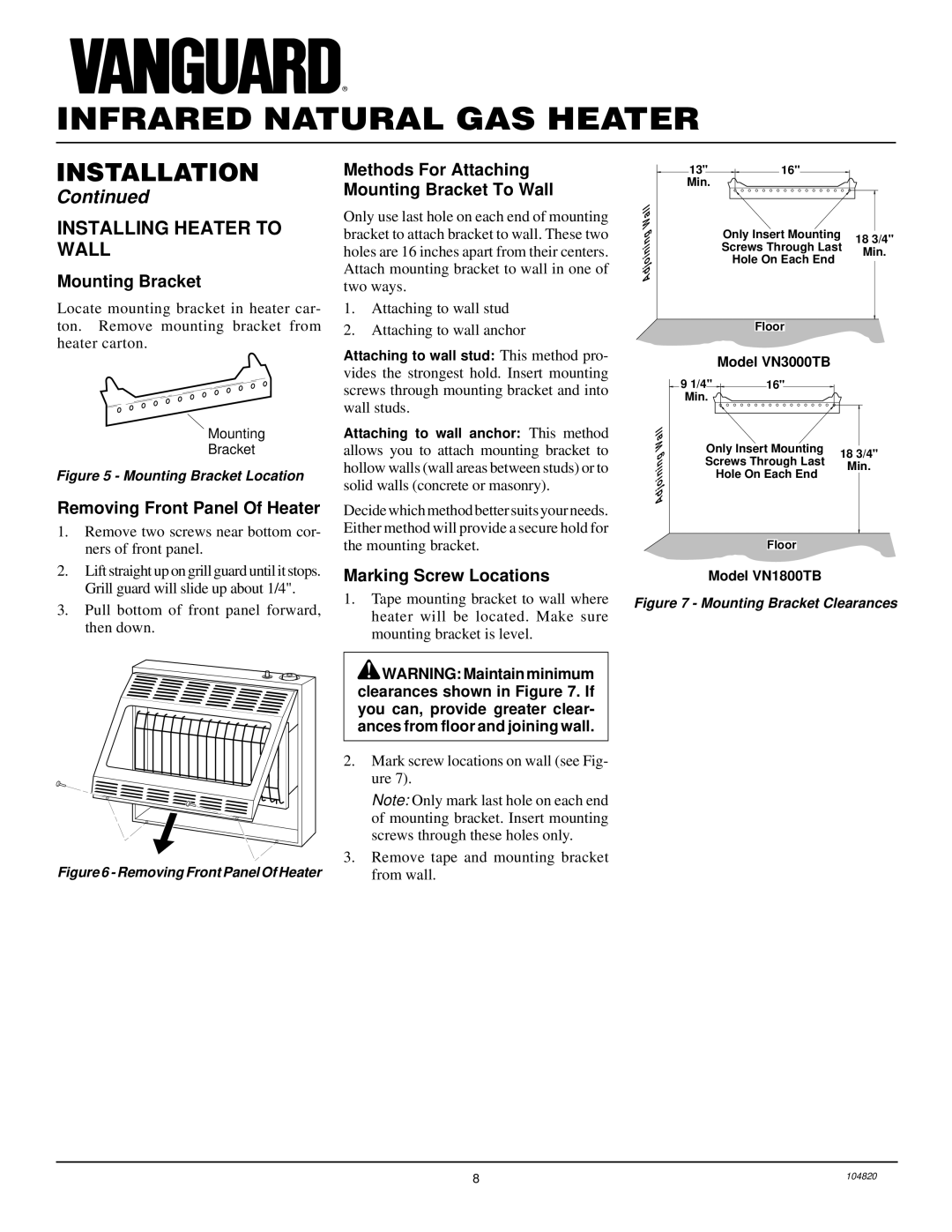 Vanguard Heating VN3000TB, VN1800TB Installing Heater to Wall, Mounting Bracket, Removing Front Panel Of Heater 