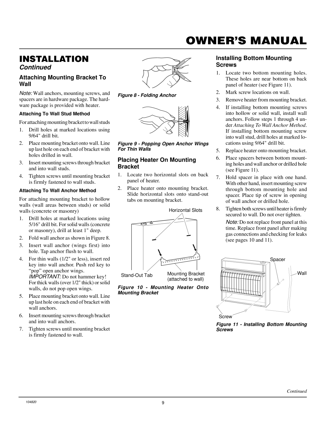 Vanguard Heating VN1800TB, VN3000TB Attaching Mounting Bracket To Wall, Placing Heater On Mounting Bracket 