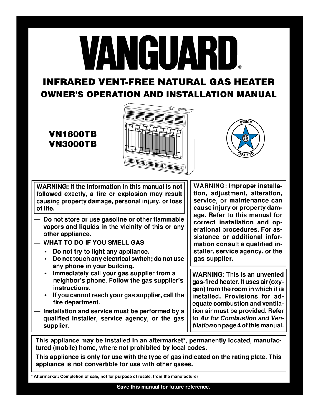Vanguard Heating installation manual Infrared Vent-Freenatural Gas Heater, VN1800TB VN3000TB 