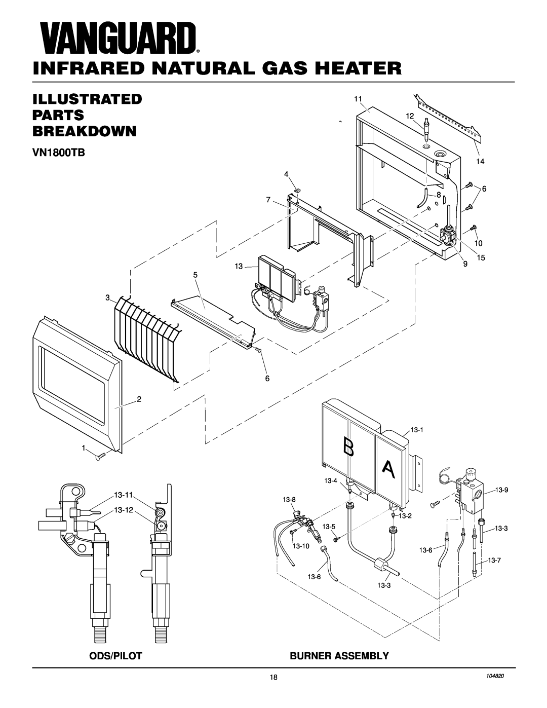 Vanguard Heating VN3000TB Illustrated Parts Breakdown, Infrared Natural Gas Heater, Ods/Pilot, Burner Assembly, 13-1, 13-4 