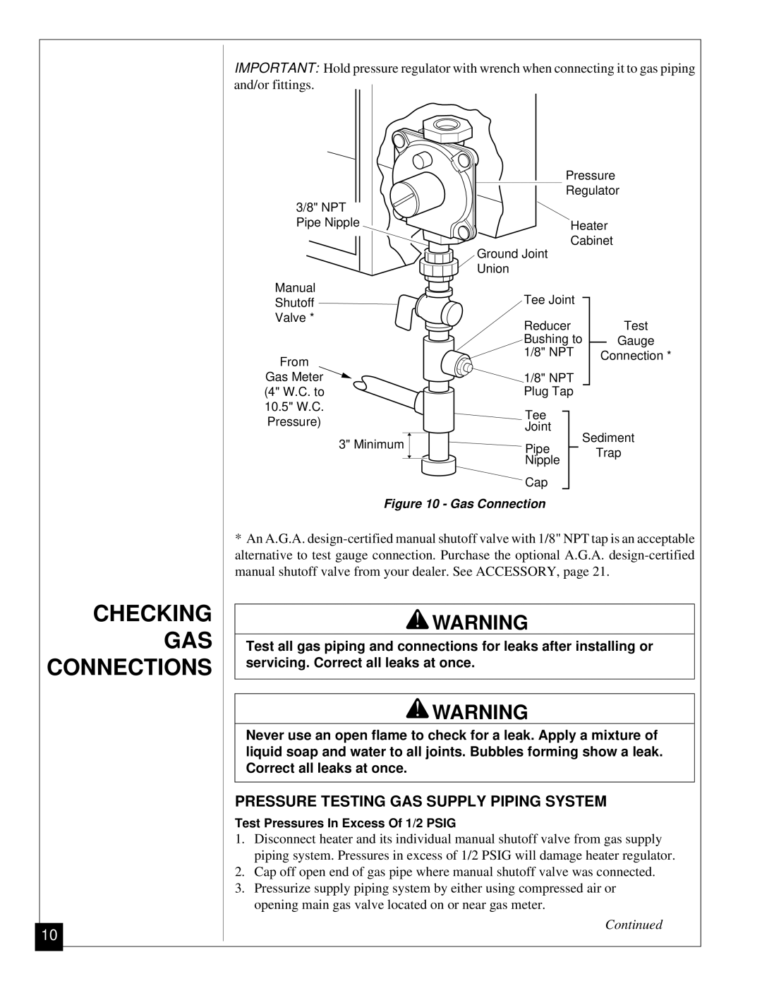 Vanguard Heating VN6A, VN12 installation manual Checking GAS Connections, Pressure Testing GAS Supply Piping System 