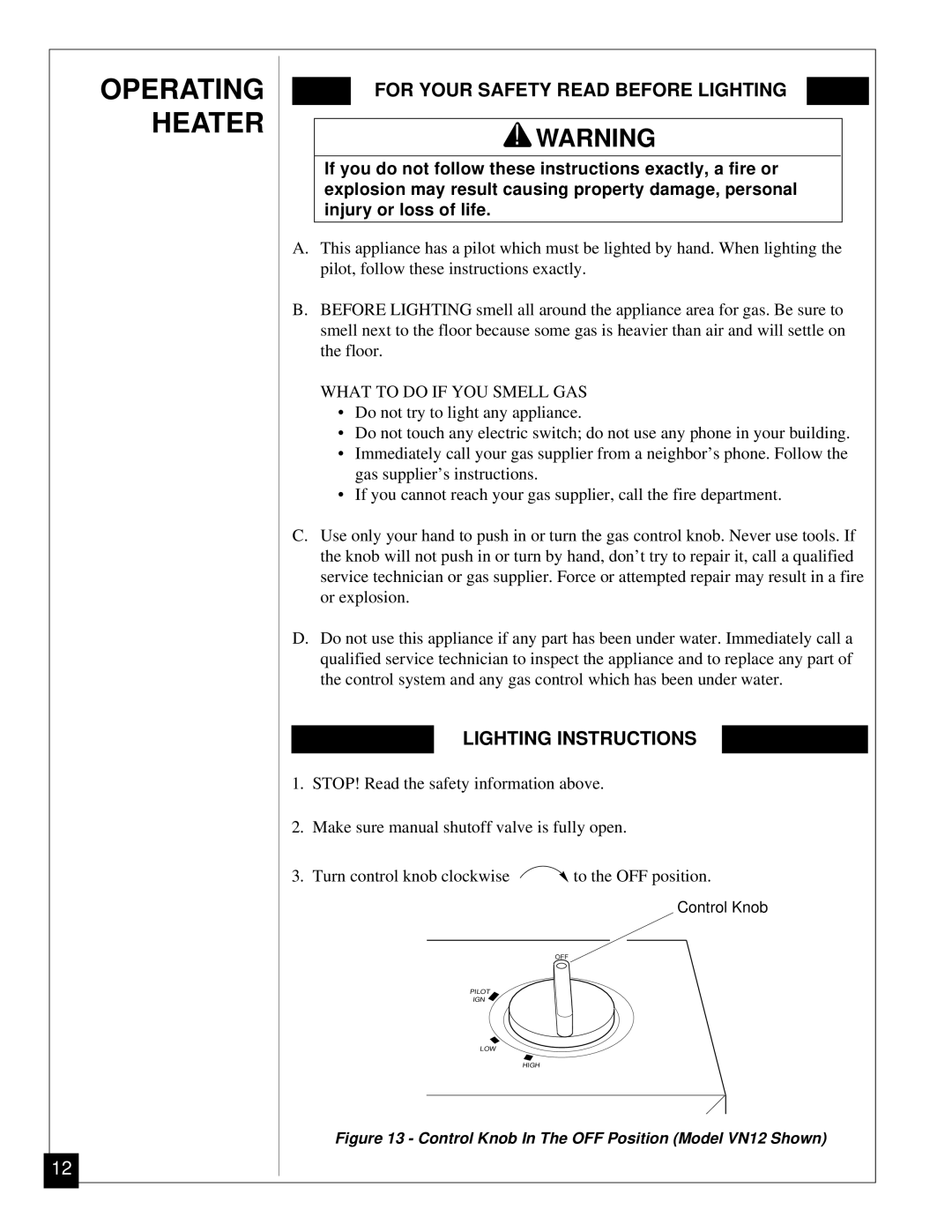 Vanguard Heating VN6A, VN12 Operating Heater, For Your Safety Read Before Lighting, Lighting Instructions 