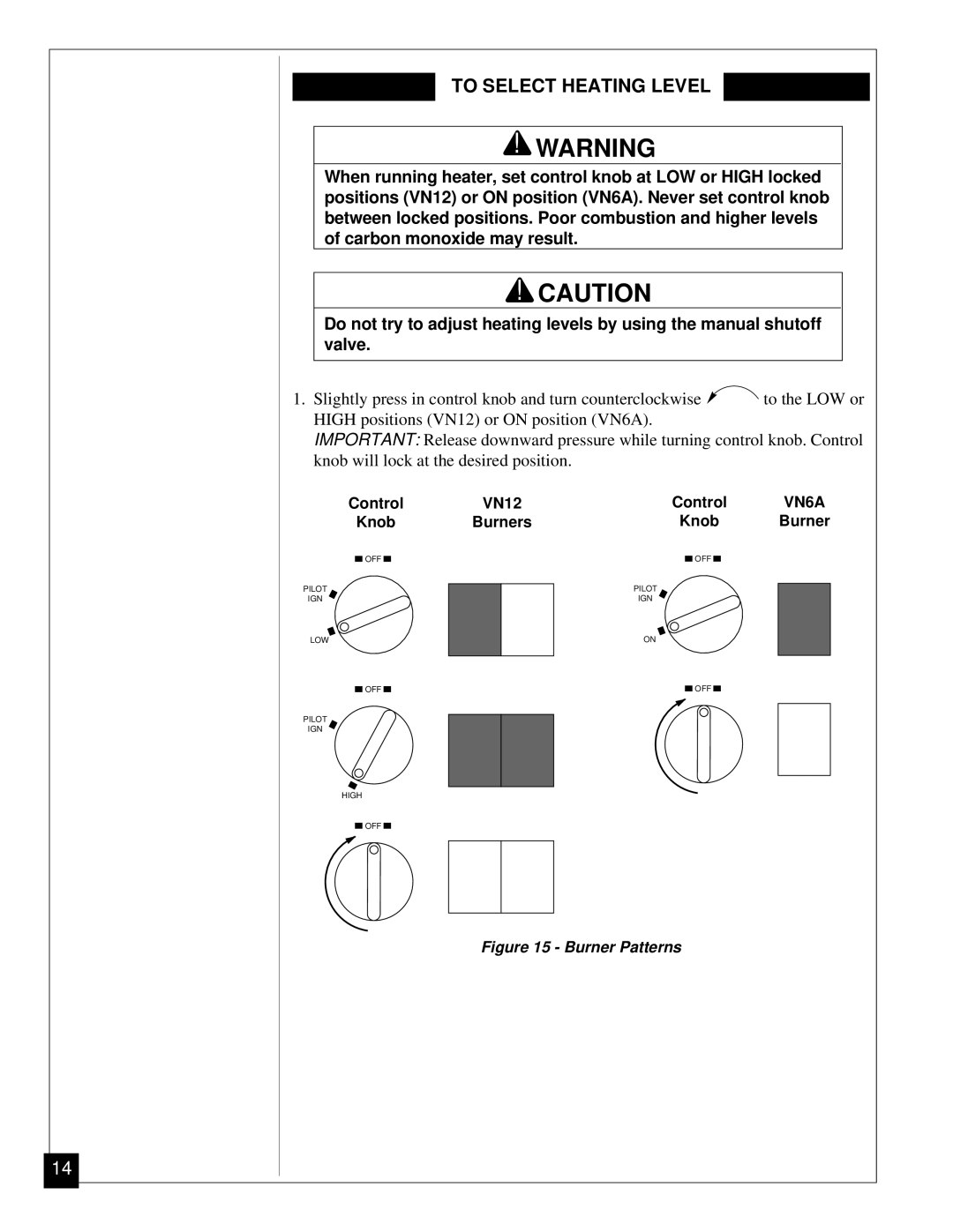 Vanguard Heating VN6A, VN12 installation manual To Select Heating Level, Burner Patterns 