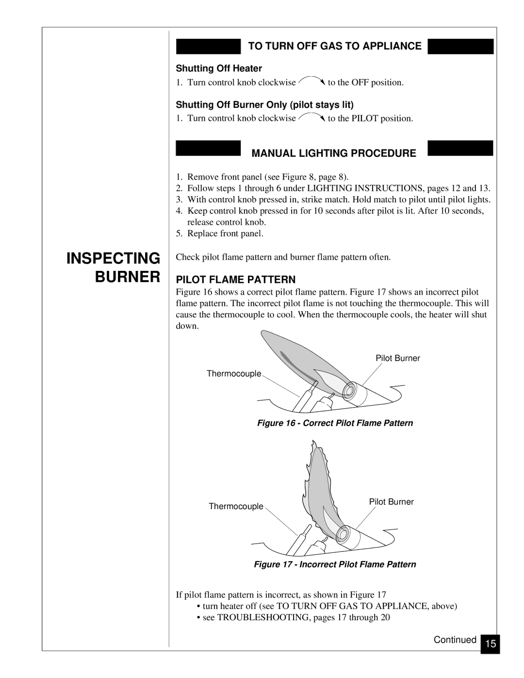 Vanguard Heating VN12 Inspecting Burner, To Turn OFF GAS to Appliance, Manual Lighting Procedure, Pilot Flame Pattern 