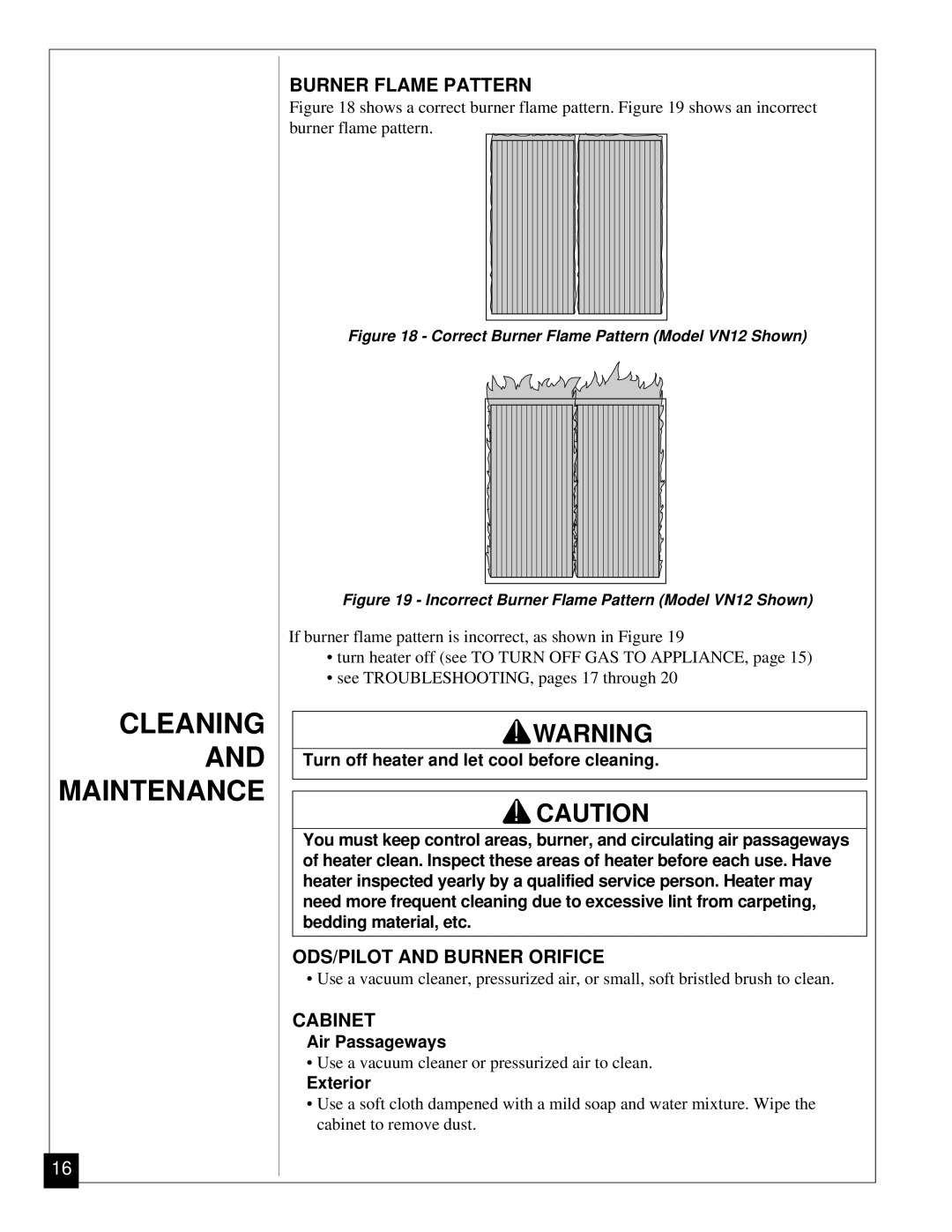 Vanguard Heating VN6A, VN12 Cleaning and Maintenance, Burner Flame Pattern, ODS/PILOT and Burner Orifice, Cabinet 