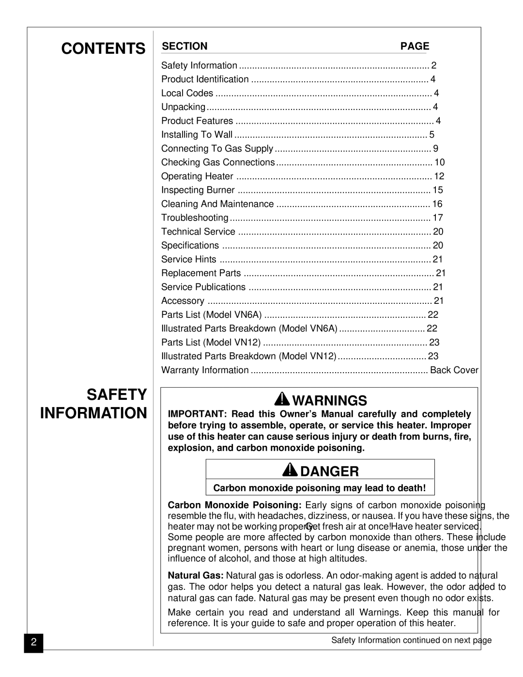 Vanguard Heating VN6A, VN12 installation manual Contents Safety Information 